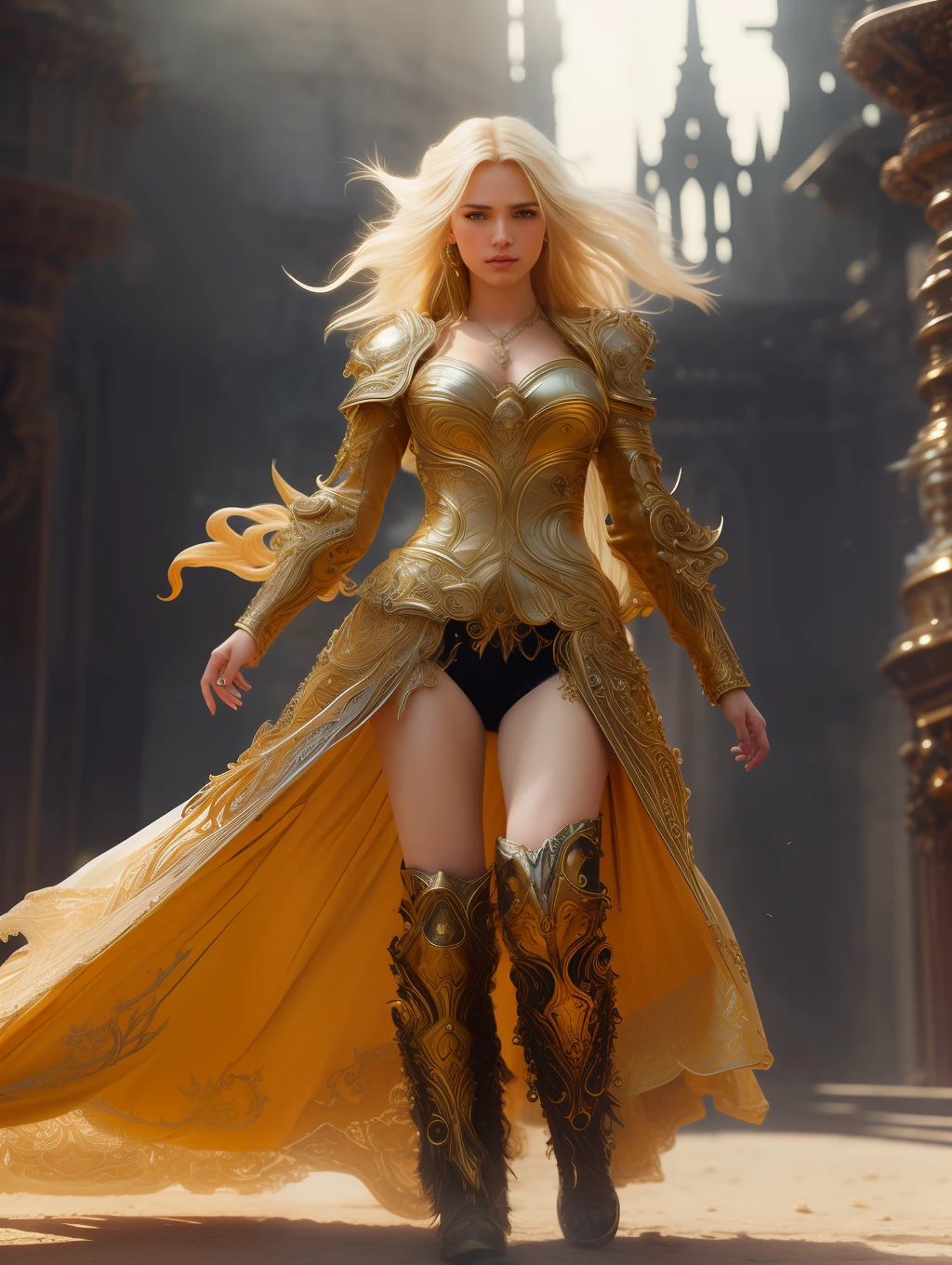full body wide shot, beautiful woman, extremely beautiful face, messy windy blonde hair, warrior wearing heavy golden body armor insanely detailed and intricate , hypermaximalist, elegant, ornate, hyper realistic, super detailed, cinematic light, dark fantasy, ConceptArtWorld, apocalyptic,grouchy, masterpiece, (highly detailed environment:1.3), low angle shot, dynamically extreme action poses