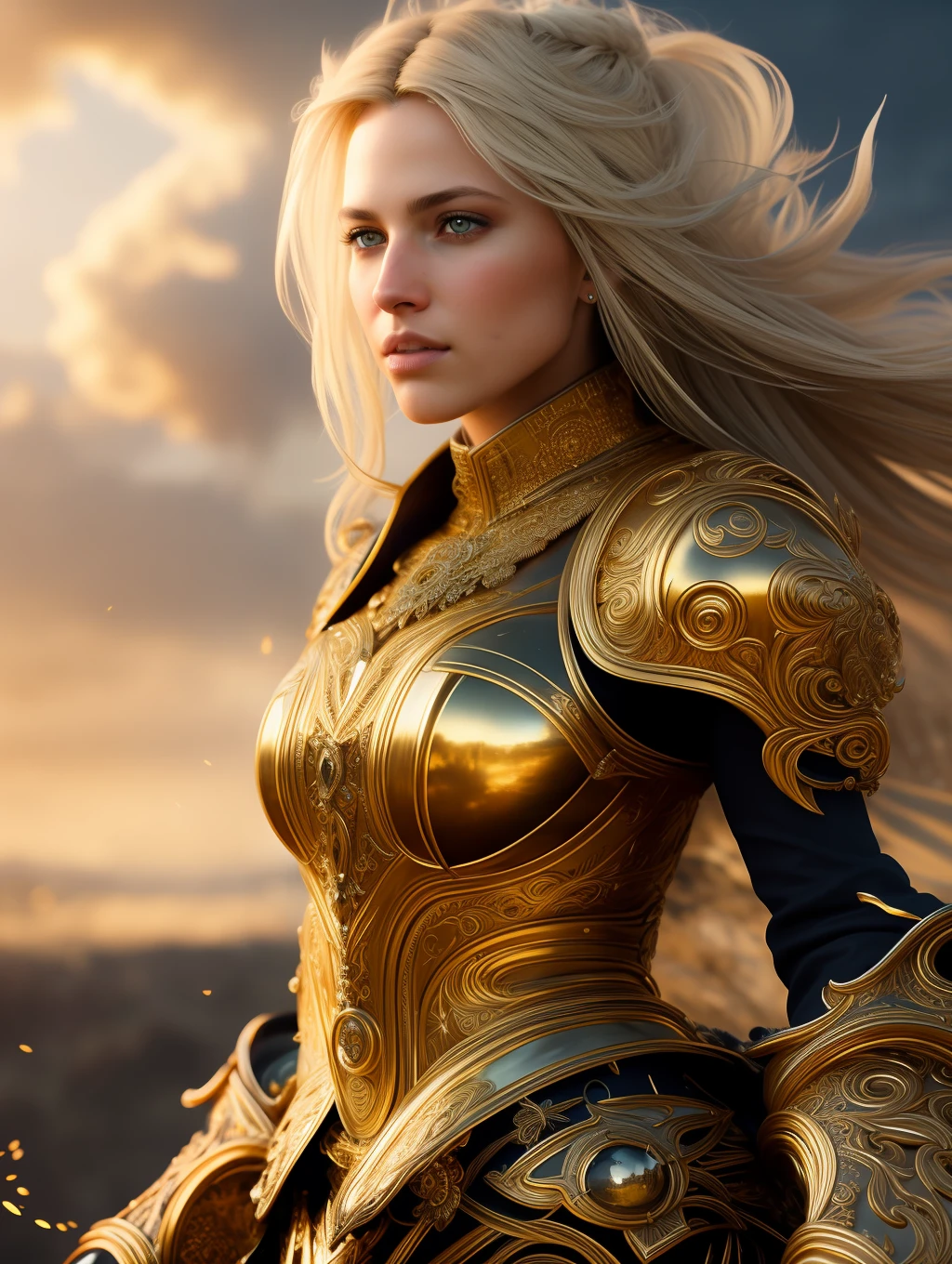 full body wide shot, beautiful woman, extremely beautiful face, messy windy blonde hair, warrior wearing heavy golden body armor insanely detailed and intricate , hypermaximalist, elegant, ornate, hyper realistic, super detailed, cinematic light, dark fantasy, ConceptArtWorld, apocalyptic,grouchy, masterpiece, (highly detailed environment:1.3), low angle shot, dynamically extreme action poses