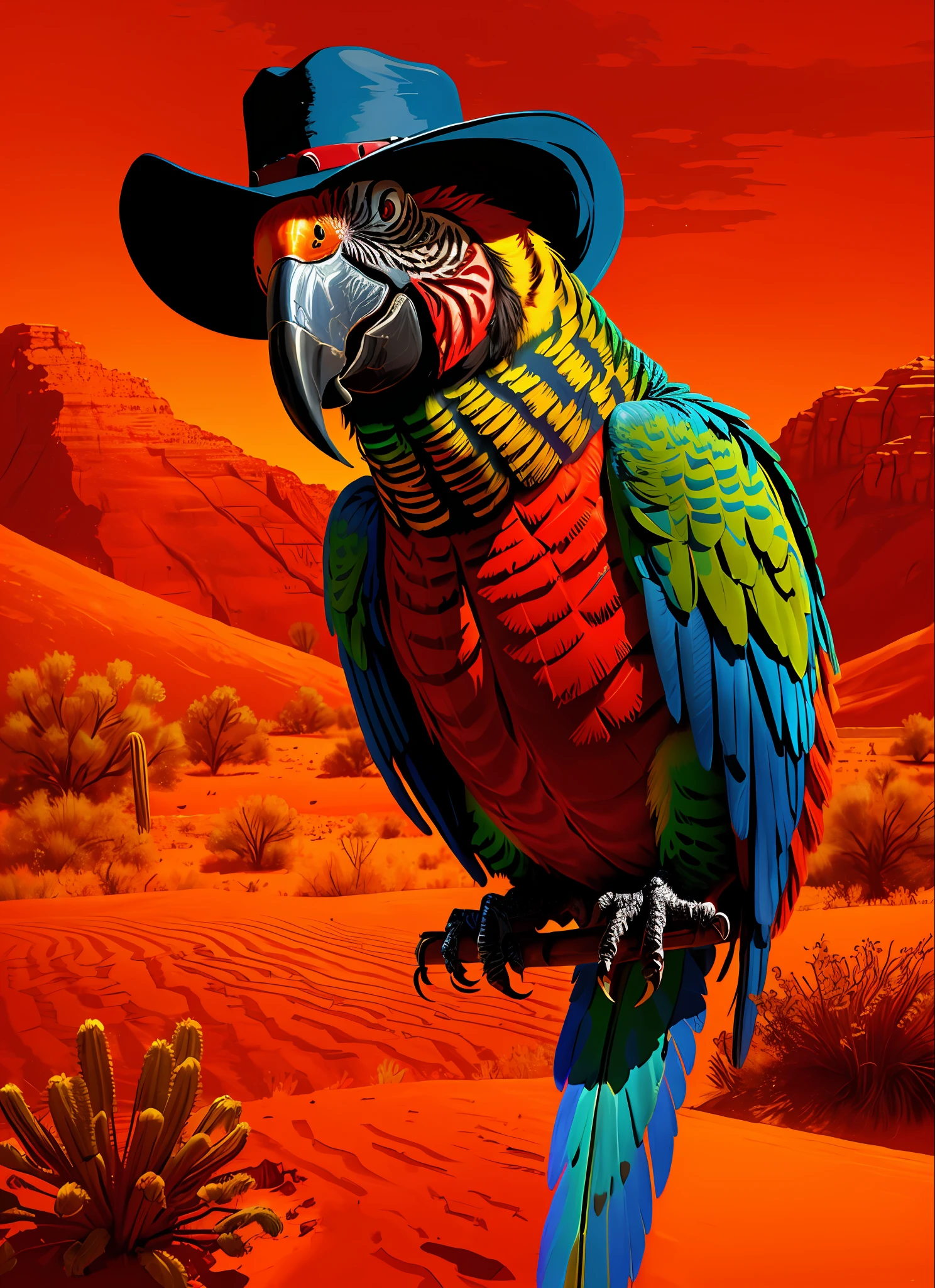 R3DD34D style, digital painting, parrot in cowboy hat, in the desert, (red sky: 1.3), no one, only parrots