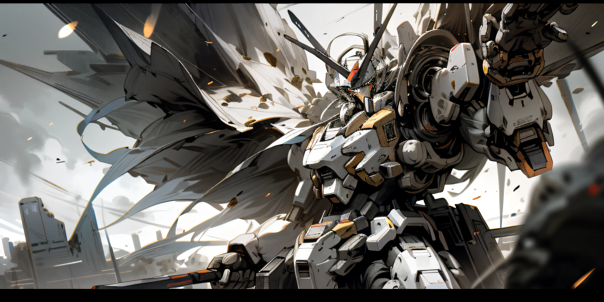 (Ridiculous, High Resolution, Ultra Detailed), Gundam, (Fighter Mech) Black and White Color Scheme, Knife Held, Barren Wasteland in Background, Science Fiction, Front View, Dynamic Angle, Bullets in the Sky, Black Smoke, Cannonballs, Science Fiction,