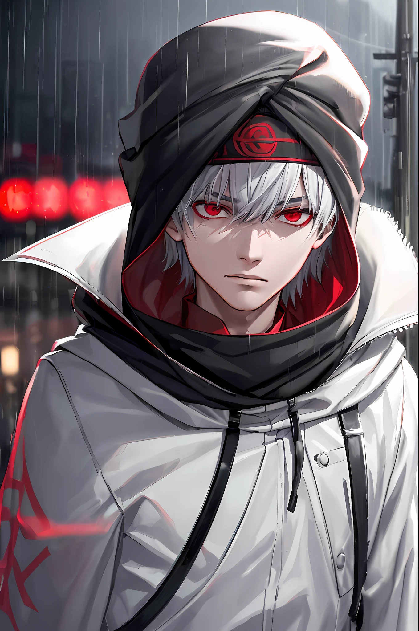 kk, best quality, more details, mastery, 1boy, kaneki ken, portrait, male focus, red eyes, solo, bangs, looking at viewer, hood, short hair, rain, tokyo tokyo \(city\), turban, nail polish , gray hair, luxury, 8k, detail, ray tracing, depth of field, movie lighting,