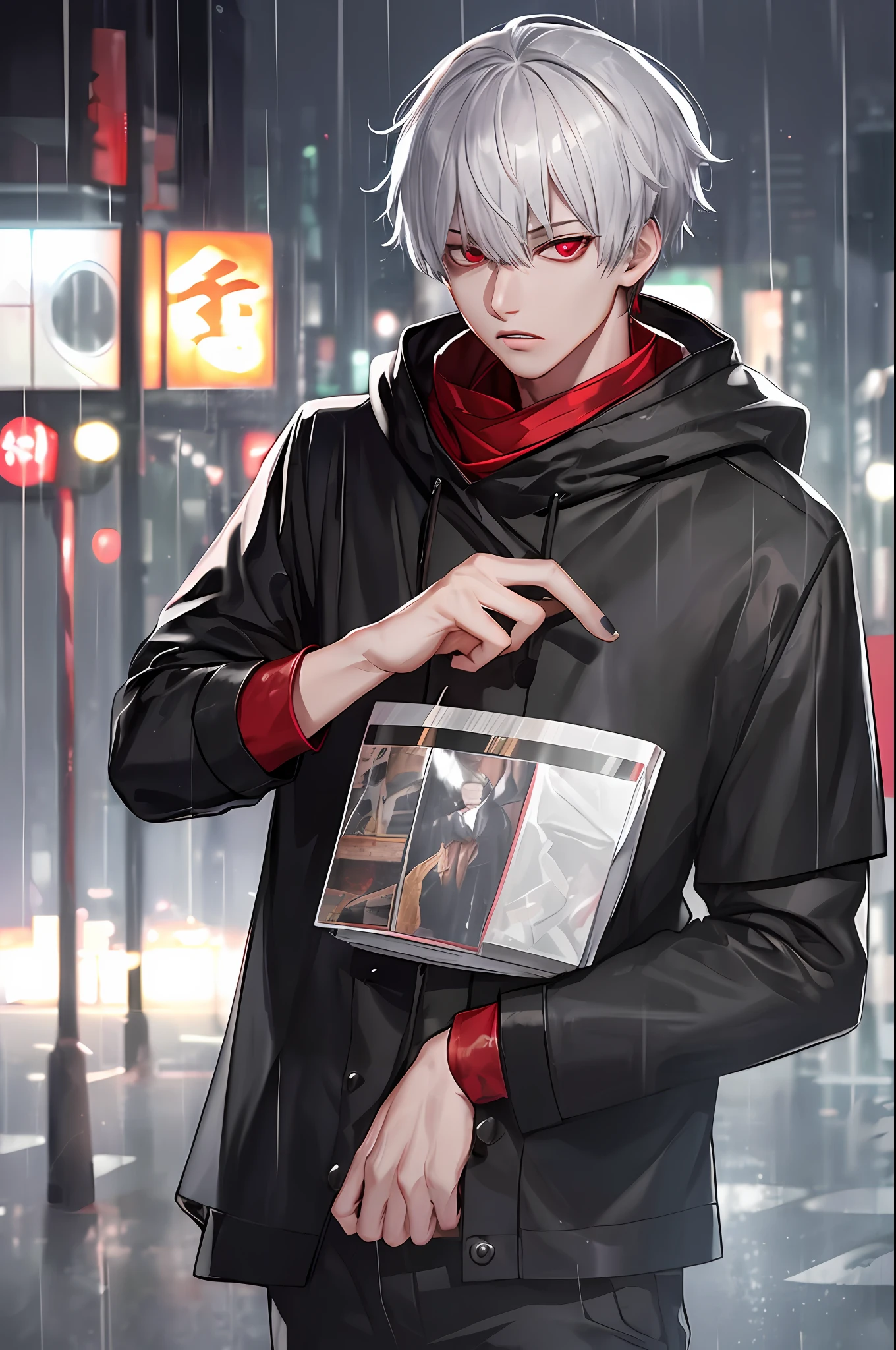 kk, best quality, more details, mastery, 1boy, kaneki ken, portrait, male focus, red eyes, solo, bangs, looking at viewer, hood, short hair, rain, tokyo tokyo \(city\), turban, nail polish , gray hair, luxury, 8k, detail, ray tracing, depth of field, movie lighting,