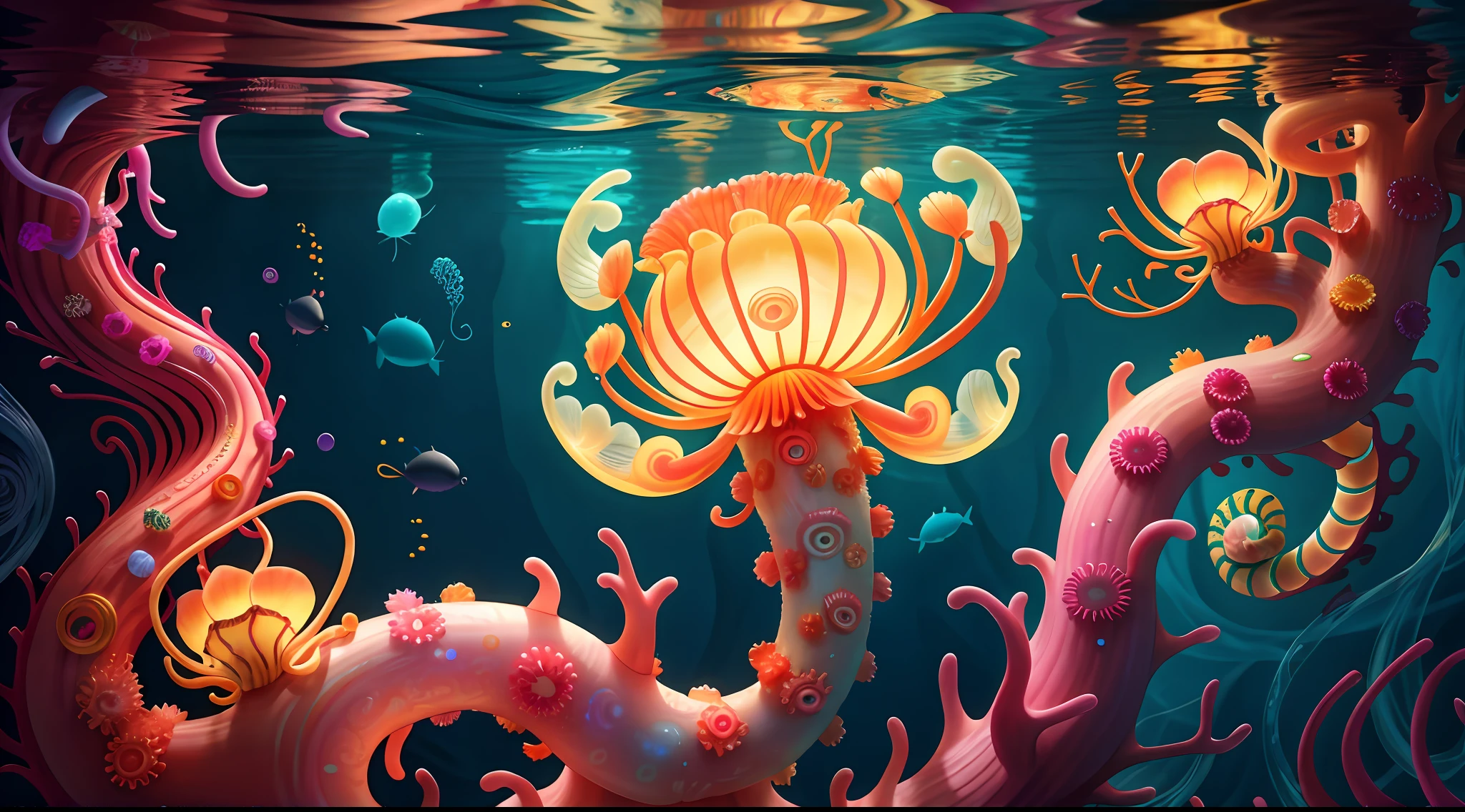 Colorful, master composition, focus on key figures, realism, masterpiece, award-winning, best quality, masterpiece, ultra-detailed, 8K, extremely detailed CG Unity 8k wallpaper, complex, highly detailed, realistic, "under water, intricate details, macro shot glowing jellyfish girl, coral, light bulb, brightness, (neutral color: 1.2), ultra-detailed, cinematic, complex background, huge ocean twisted Mandelbrot fractal shell, golden pearl nacre, hyper detail, ArtStation, Octane Renderer, (Color Acne: 1.3)",