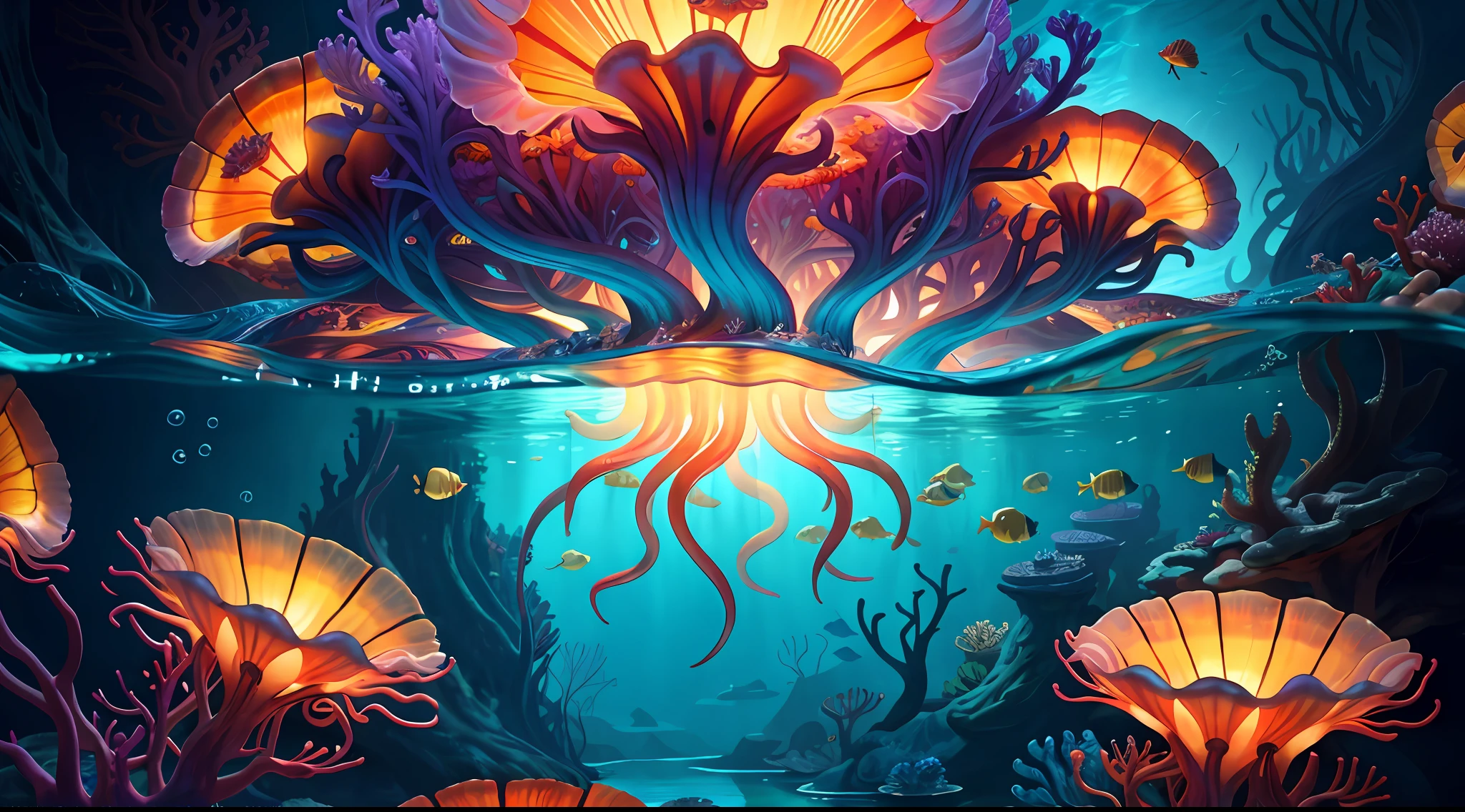 Colorful, master composition, focus on key figures, realism, masterpiece, award-winning, best quality, masterpiece, ultra-detailed, 8K, extremely detailed CG Unity 8k wallpaper, complex, highly detailed, realistic, "under water, intricate details, macro shot glowing jellyfish girl, coral, light bulb, brightness, (neutral color: 1.2), ultra-detailed, cinematic, complex background, huge ocean twisted Mandelbrot fractal shell, golden pearl nacre, hyper detail, ArtStation, Octane Renderer, (Color Acne: 1.3)",