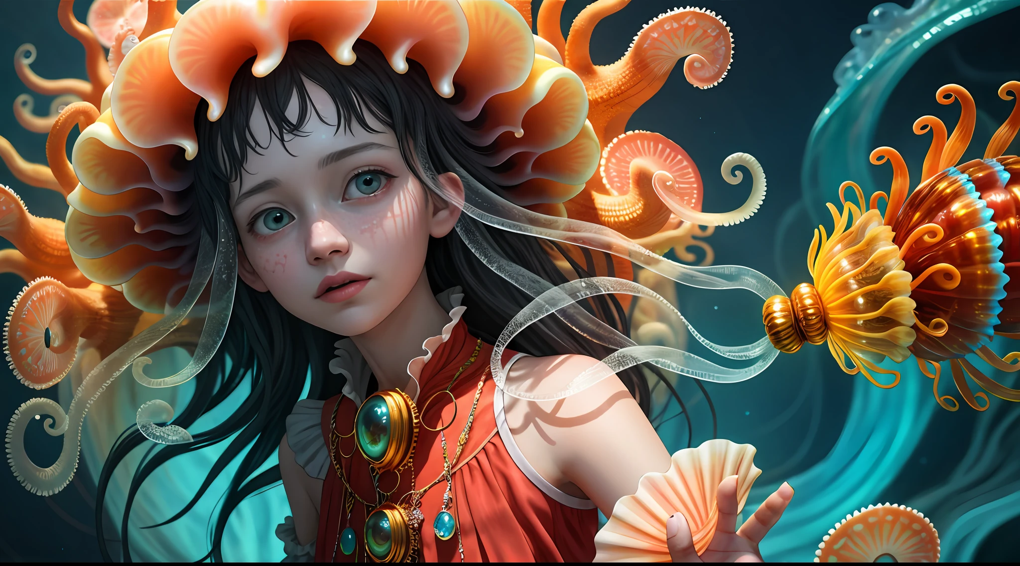 Colorful, master composition, focus on key figures, realism, masterpiece, award-winning, best quality, masterpiece, ultra-detailed, 8K, extremely detailed CG Unity 8k wallpaper, complex, highly detailed, realistic, "under water, intricate details, macro shot glowing jellyfish girl, coral, light bulb, brightness, (neutral color: 1.2), ultra-detailed, cinematic, complex background, huge ocean twisted Mandelbrot fractal shell, golden pearl nacre, hyper detail, ArtStation, Octane Renderer, (Color Acne: 1.3)",