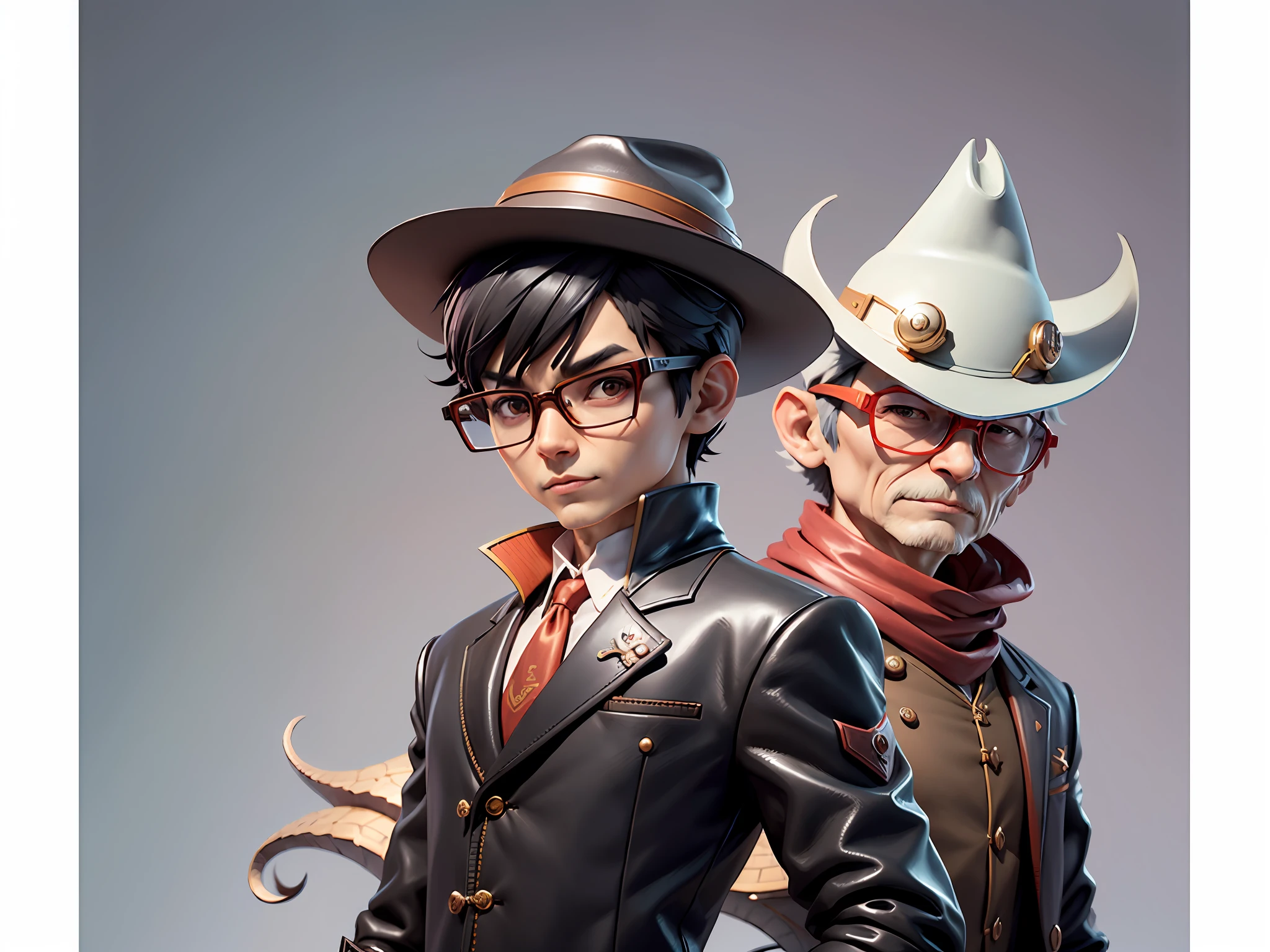 Young man with oriental face in leather hat, dragon, formal suit, short black hair, silver glasses, digital painting, 3D character design by Mark Clairedon and Pixar and Hayao Miyazaki and Akira Toriyama, the illustration is a high-definition illustration in 4K resolution with very detailed facial features and cartoon-style visuals.