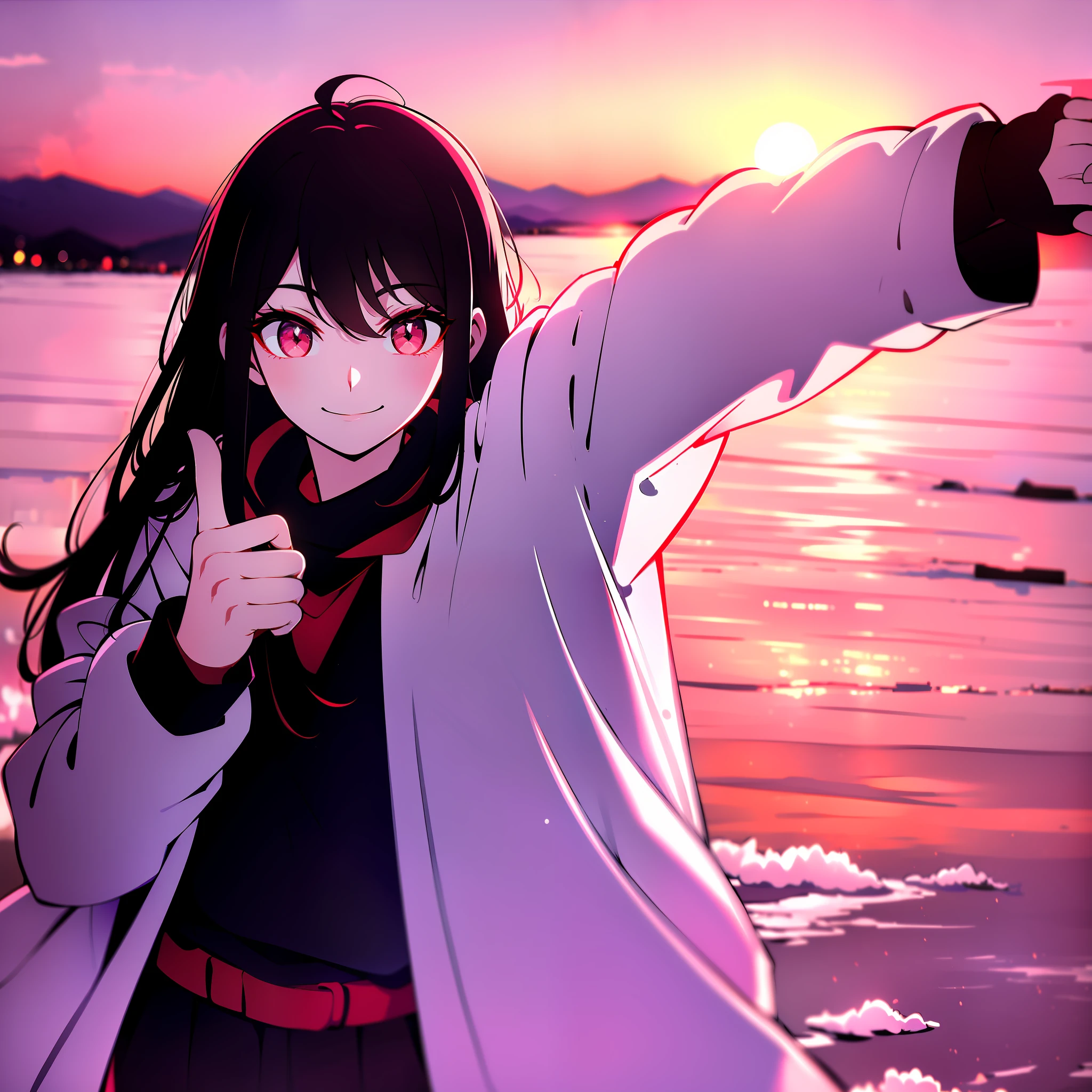 Winter dawn, thumbs up, looking ahead, smiling, black hair, red eyes, teenager, sunset, blue shirt jacket, pure white clothes inside the shirt, wearing pure black trousers, with a black and white scarf around his neck