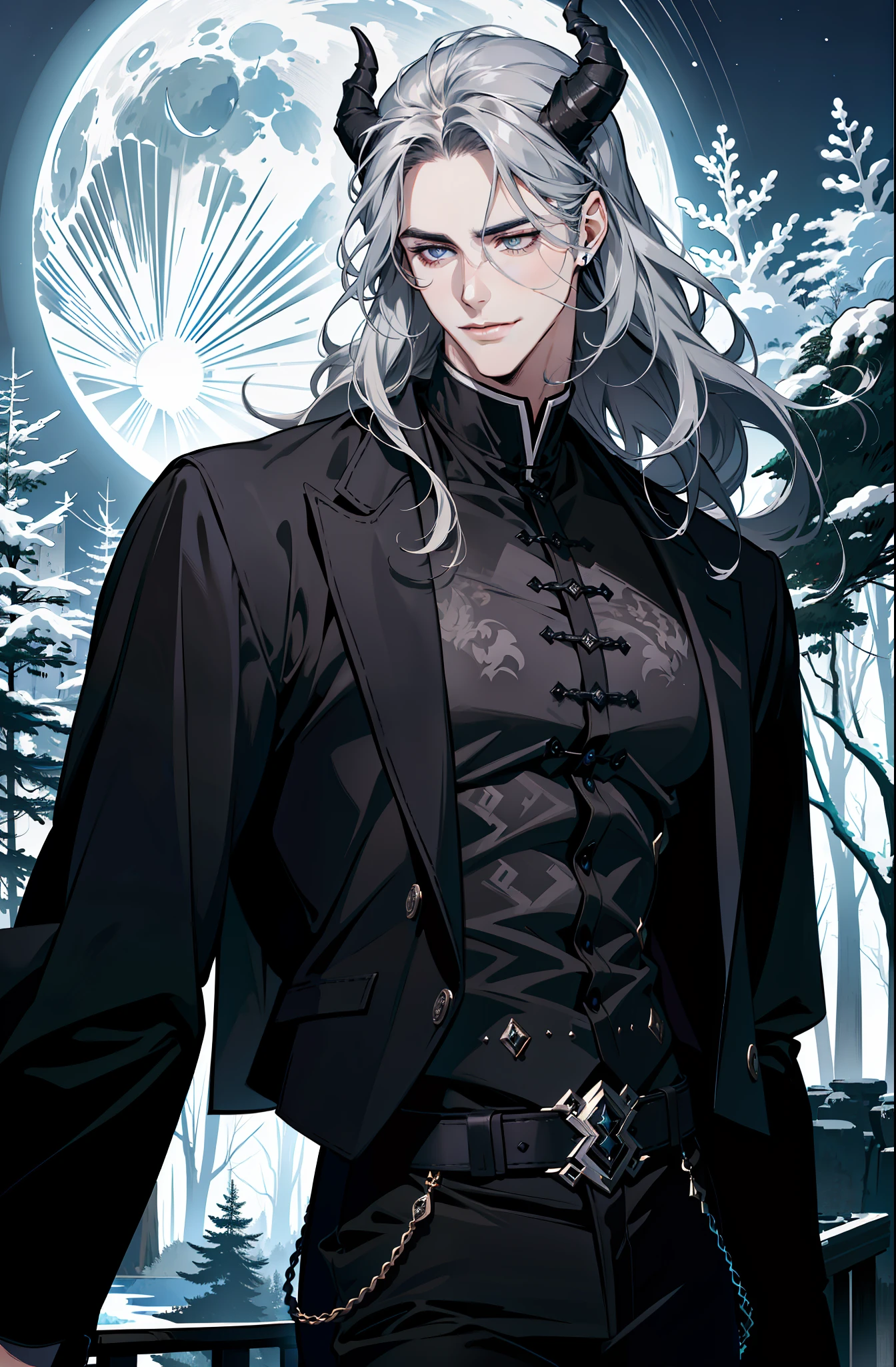 (absurdres, highres, ultra detailed), 1 male, adult, handsome, tall muscular guy, broad shoulders, finely detailed eyes and detailed face, black clothes, night, smile, dutch angle, from side, wavy silver hair, moon, forest, black horns in his head, ((flushed cheeks)),