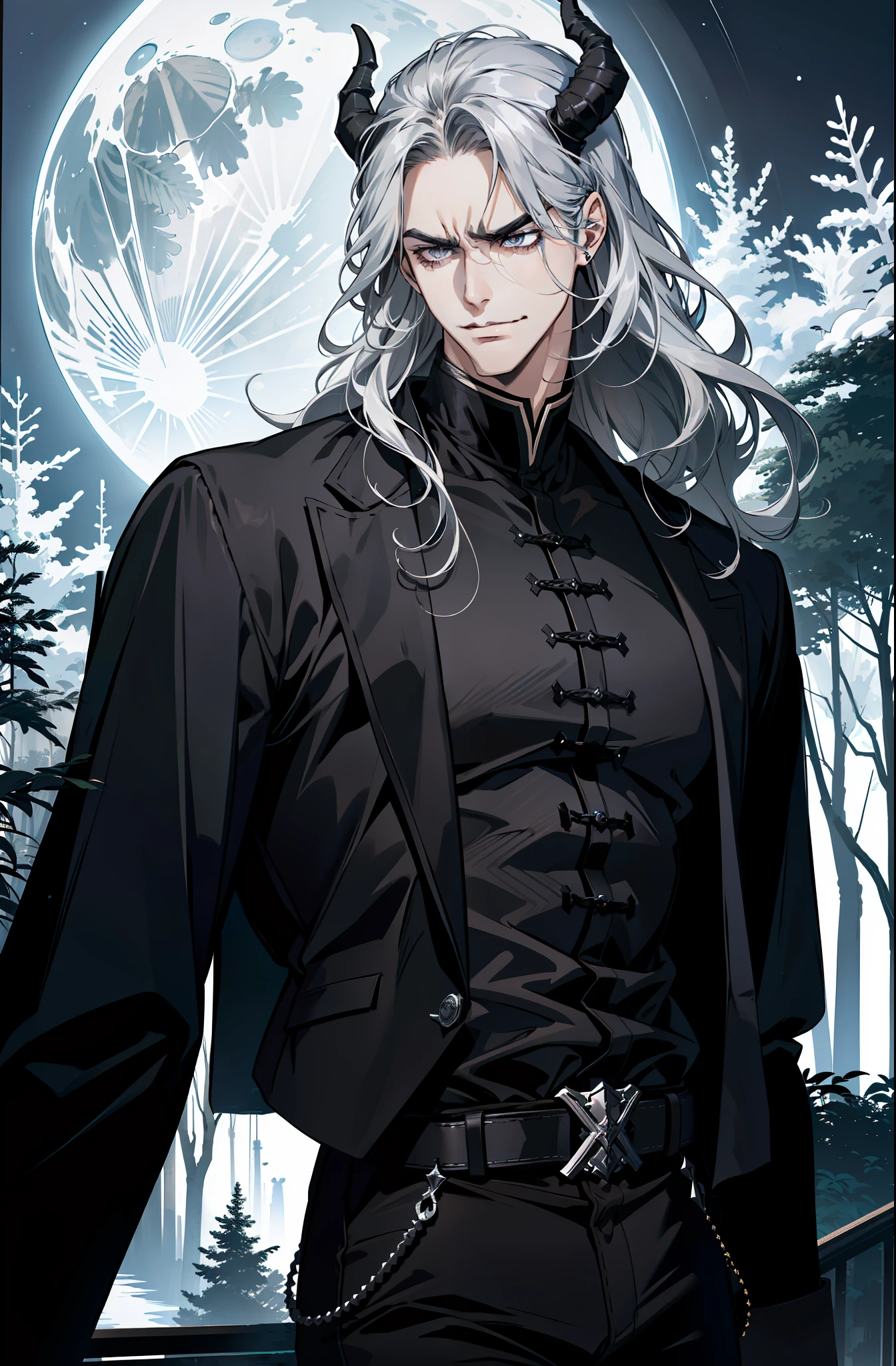 (absurdres, highres, ultra detailed), 1 male, adult, handsome, tall muscular guy, broad shoulders, finely detailed eyes and detailed face, black clothes, night, smile, dutch angle, from side, wavy silver hair, moon, forest, black horns in his head, ((angry expression))