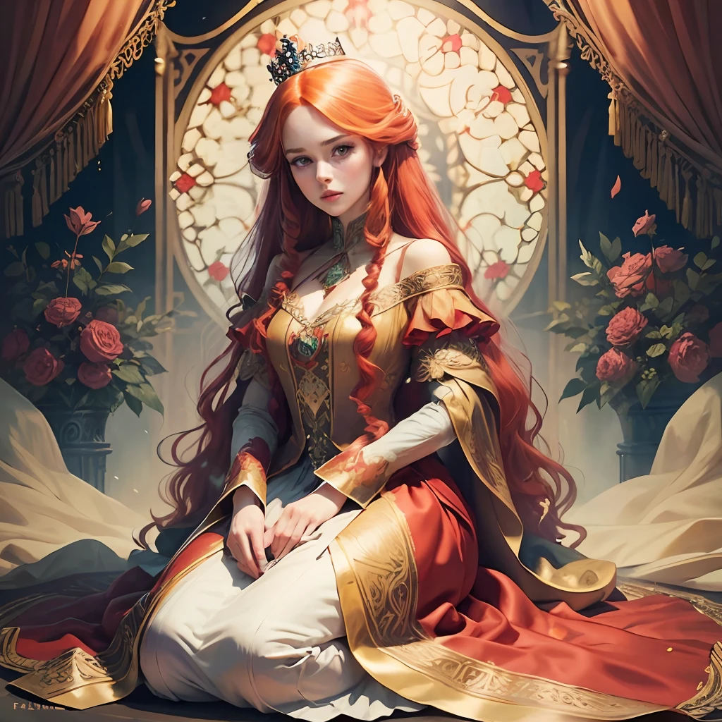 Princess of 25 years and very long red hair. Dressed in a very intricate fairytale dress --auto --s2