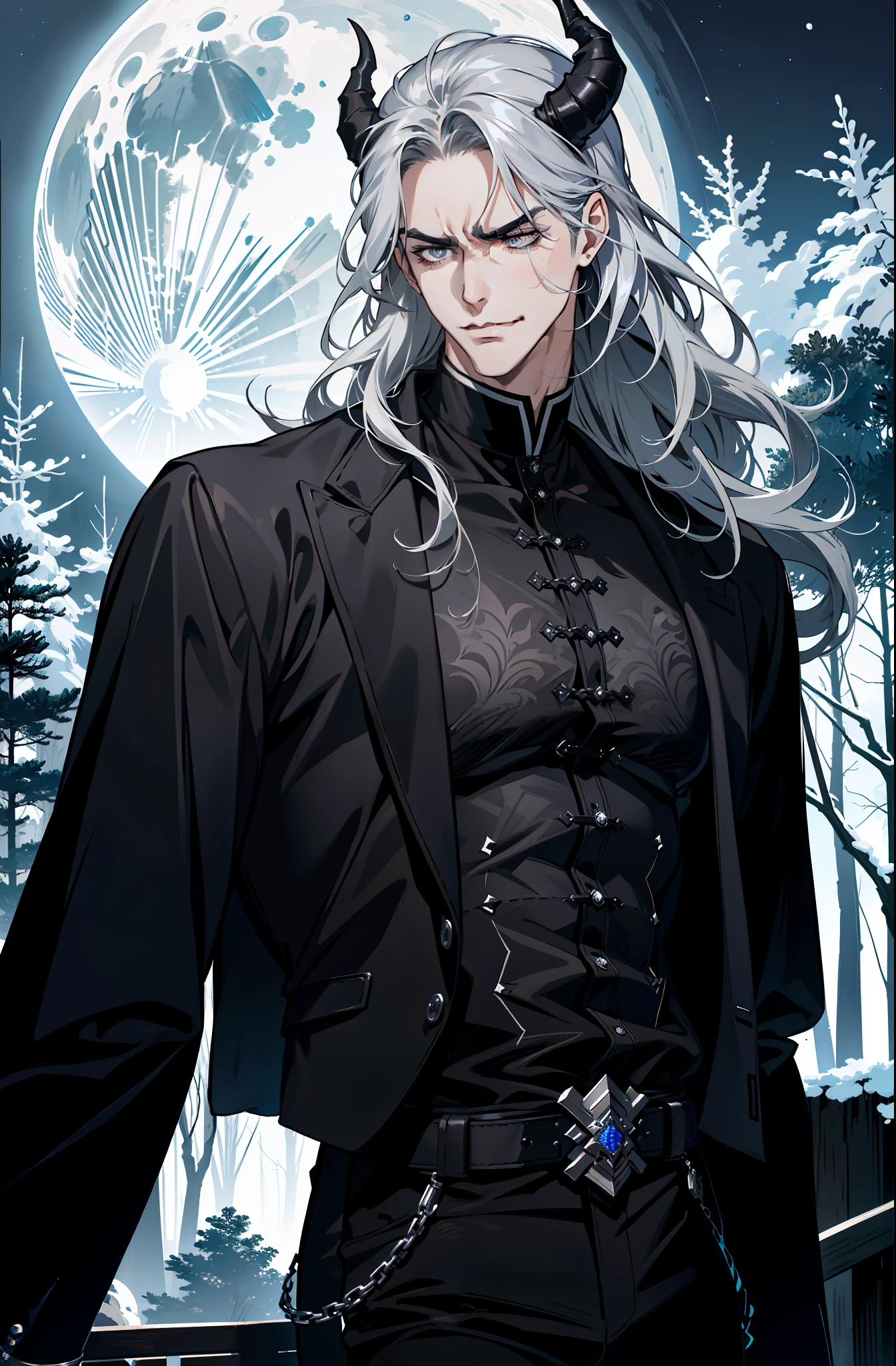 (absurdres, highres, ultra detailed), 1 male, adult, handsome, tall muscular guy, broad shoulders, finely detailed eyes and detailed face, black clothes, night, smile, dutch angle, from side, wavy silver hair, moon, forest, black horns in his head, ((angry expression))