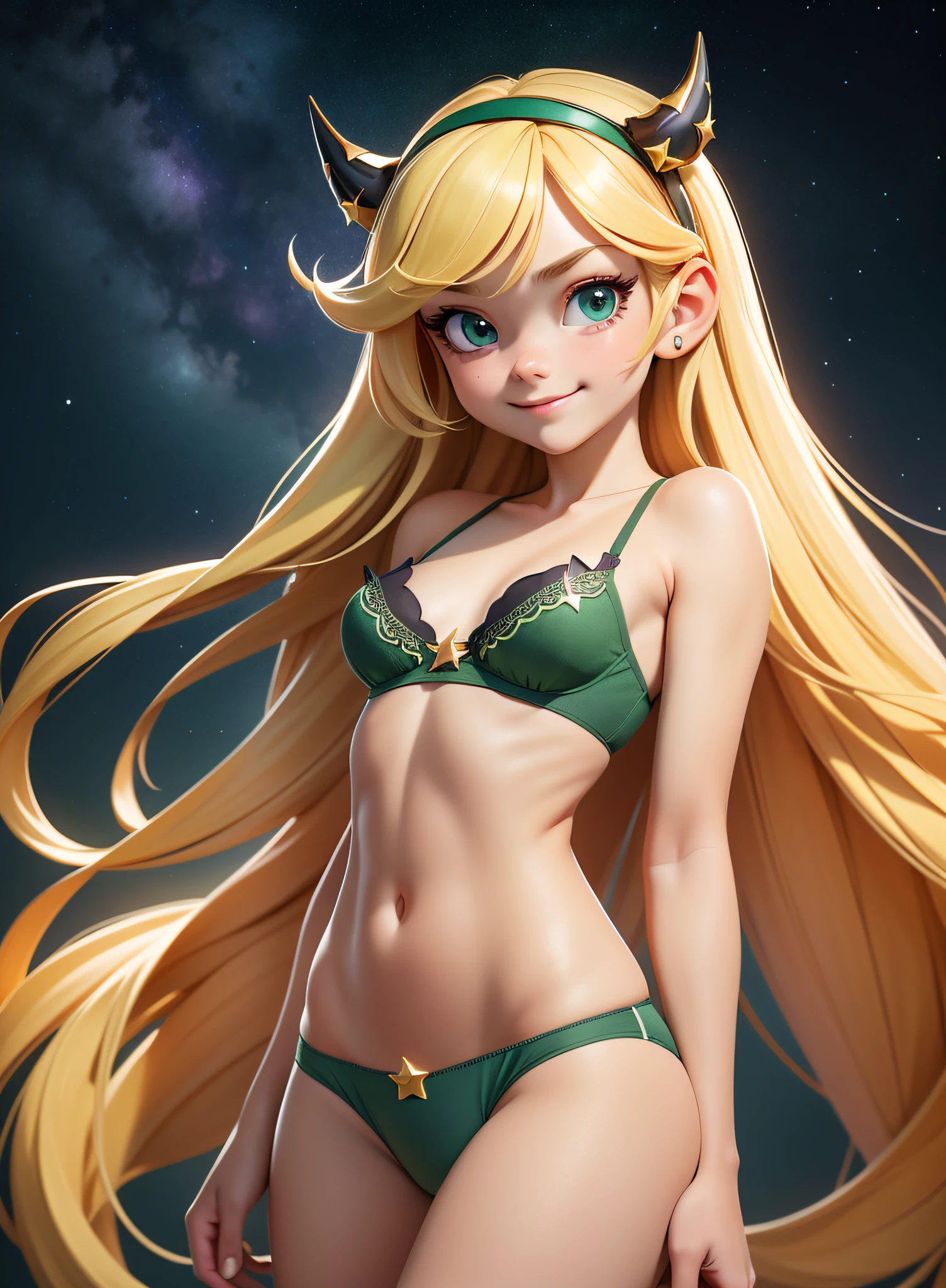 masterpiece, high resolution, image, best quality, 8k, best quality, ultra detailed, solo, 1girl, 1girl,, 12 yeterfly star, hair band with horn:1.4), green panties, green bra, small breasts, long hair, blonde hair, (dark forest with starry sky), perfect face, smile, detailed eyes