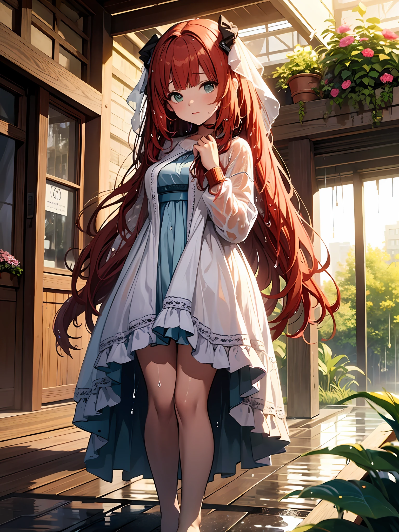 ((Best Quality, 8K, Masterpiece: 1.3)), {{Masterpiece}}, Illustration, Best Quality, Extremely Detailed CG Unity 8k wallpaper, 1girl_solo, full_body, from_below, looking_at_viewer, looking_down, (White pantyhose: 1.3), (Without shoes: 1.3),red hair,twintails,(exposed dress:1.3), hair_ribbon, Strong edge light, garden, flowers, rain, clothes splash, (wet clothes:1.5),16 years old,Good figure,Sexy and charming woman,