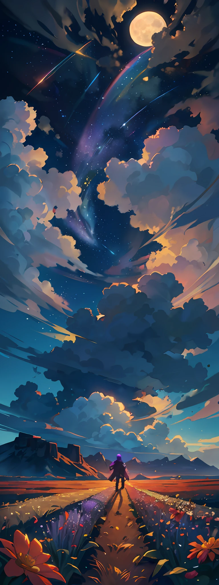 A wide landscape photo, (viewed from below, the sky is above, and the open field is below), a girl standing on a flower field looking up, (full moon: 1.2), (meteor: 0.9), (nebula: 1.3), distant mountains , Trees BREAK Crafting Art, (Warm Light: 1.2), (Firefly: 1.2), Lights, Lots of Purple and Orange, Intricate Details, Volumetric Lighting BREAK (Masterpiece: 1.2), (Best Quality), 4k, Ultra Detailed, (Dynamic Composition: 1.4), Rich in Detail and Color, (Rainbow Color: 1.2), (Glow, Atmospheric Lighting), Dreamy, Magical, (Solo: 1.2)