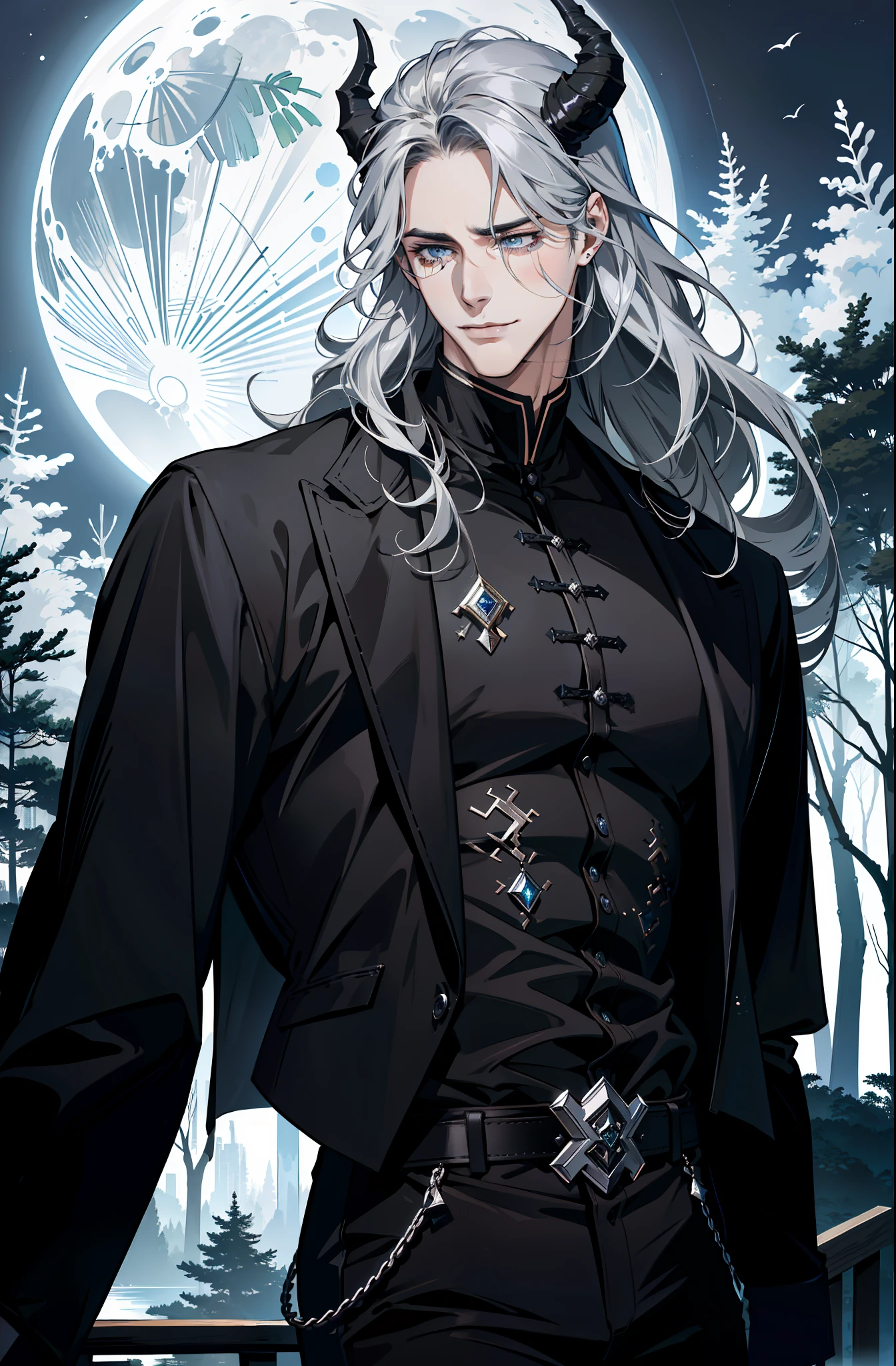 (absurdres, highres, ultra detailed), 1 male, adult, handsome, tall muscular guy, broad shoulders, finely detailed eyes and detailed face, black clothes, night, smile, dutch angle, from side, wavy silver hair, moon, forest, black horns in his head, sad expression, tears