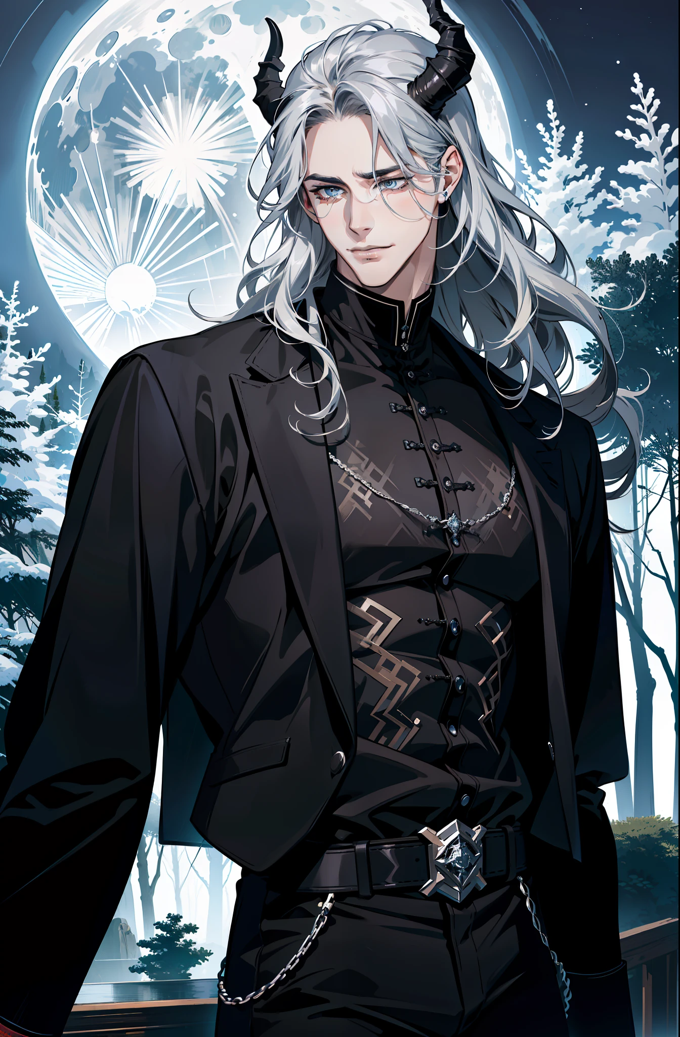 (absurdres, highres, ultra detailed), 1 male, adult, handsome, tall muscular guy, broad shoulders, finely detailed eyes and detailed face, black clothes, night, smile, dutch angle, from side, wavy silver hair, moon, forest, black horns in his head, sad expression, tears
