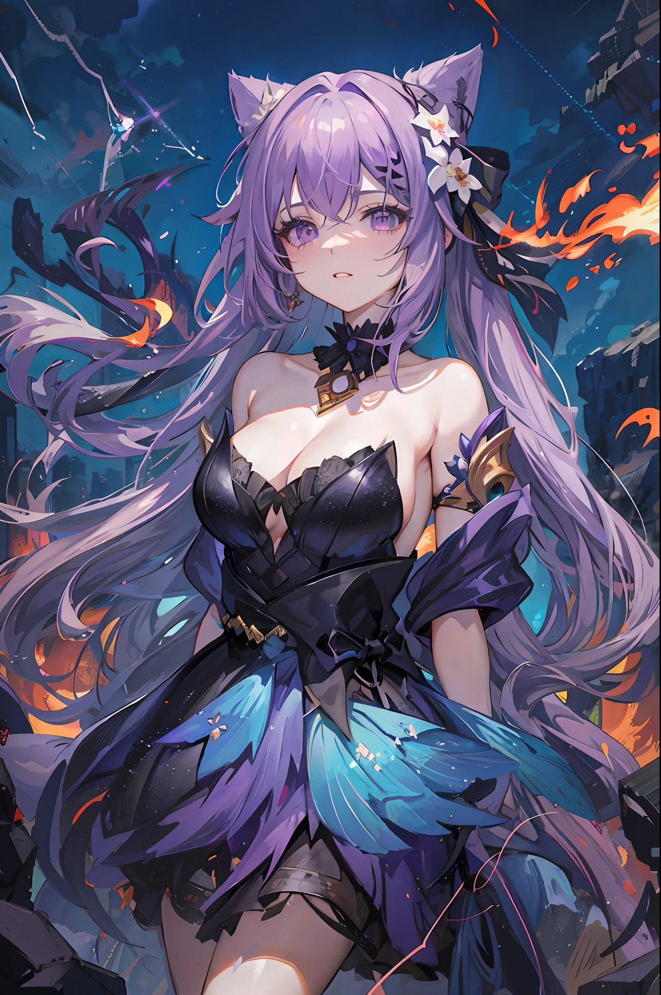Anime girl with long purple hair and cat ears in black dress, Ayaka Genshin Impact, Pop on ArtStation pixiv, 8K high quality detail art, detailed digital anime art, anime fantasy artwork, anime goddess, Kusart Krentz key art feminization, guvez on pixiv art station, anime fantasy illustration, detailed anime artwork, blush