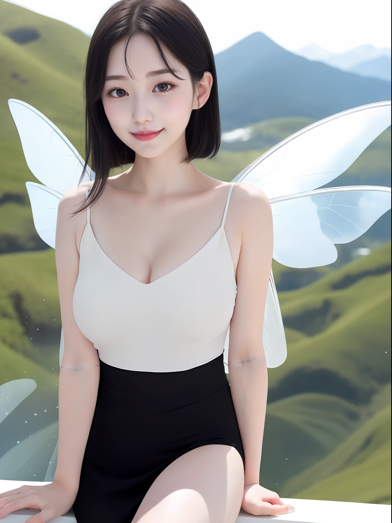 Fairiy with a Japanese face,at peak of Alps,1girl, ((best quality)), ((masterpiece)), (detailed), realistic, photo, ethereal beauty,cute,(black hair:1.2), (black eyes:1.2),Light colored dress,(transparent fairy wings:1.2), exquisite and beautiful face, exquisite collarbone, seductive and delicate collarbone, charming fragrant shoulders, shoulders slightly exposed,peach Red lips,(smile:1.2),beautiful tit,belly button,pale snow white skin, pale milky white porcelain skin, (smooth translucent white skin:0.4)