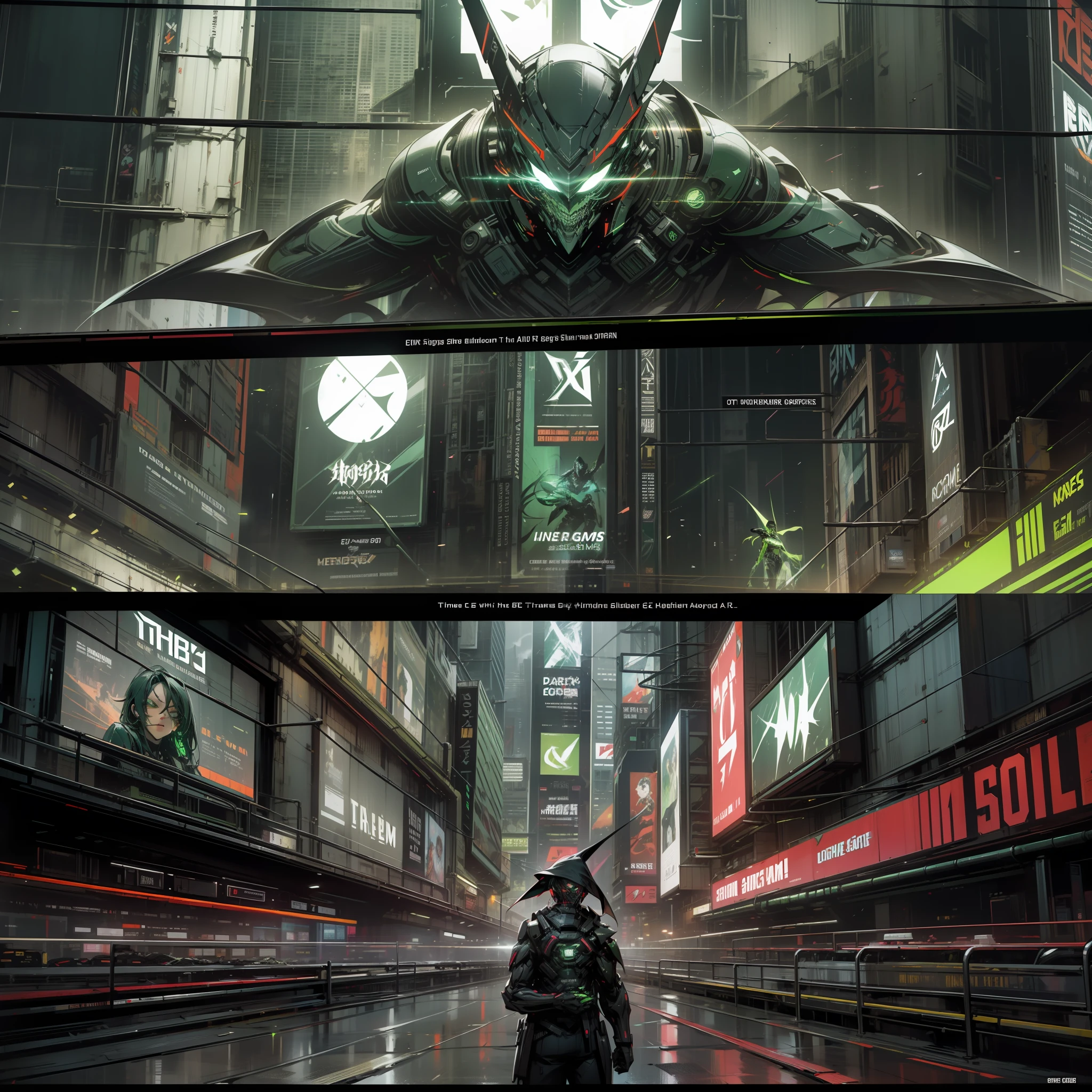 SHODAN on Times Square ads screens, comics art, DC Comics, dark dramatic colors, high contrast, glitch, green lasers, ominous, glitchcore --auto --s2