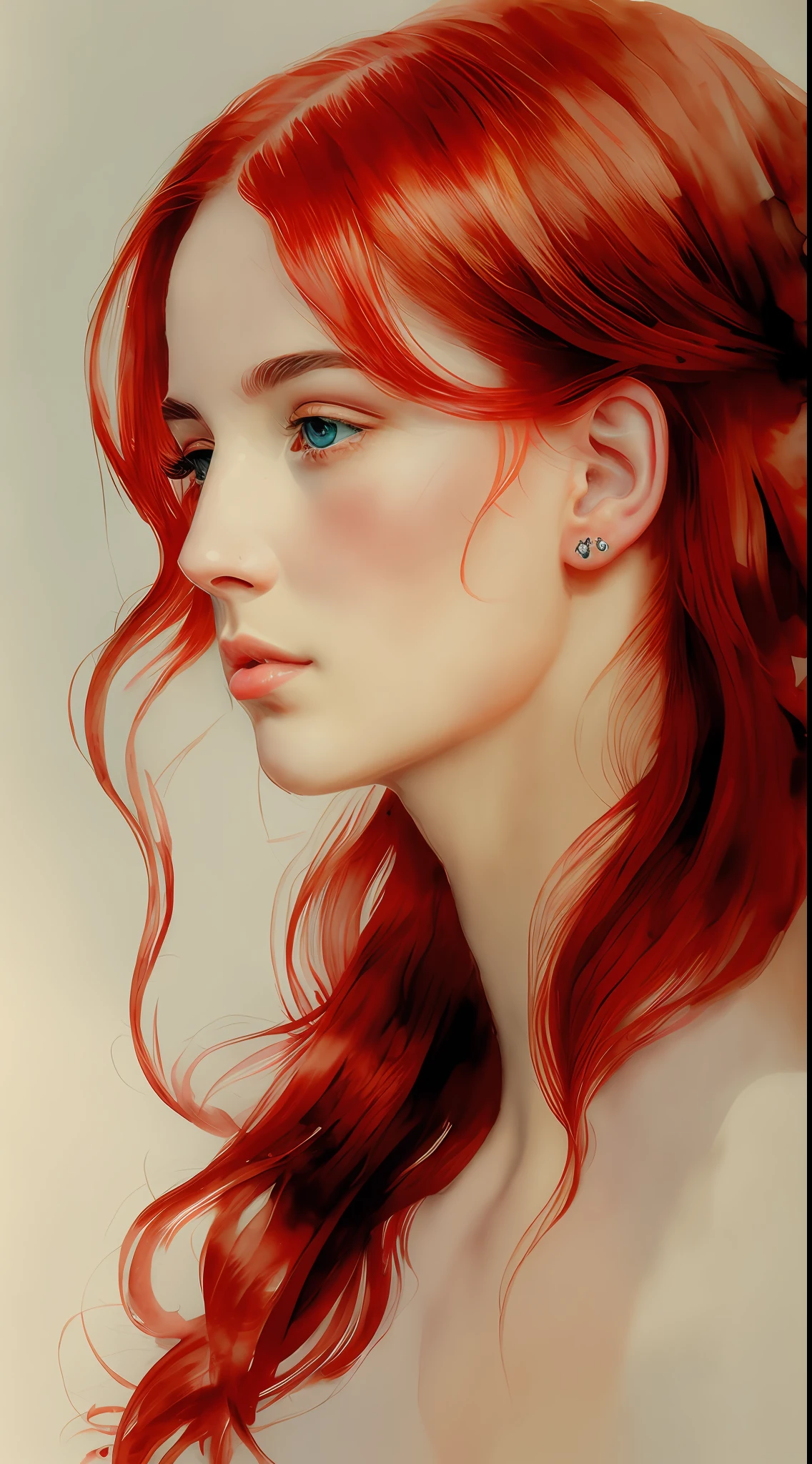 beautiful character design, double exposure painting, front profile Female character with red hair, beautiful hair and confident, insanely detailed and intricate, elegant, watercolor, cinematic, portrait, raphaelite, headroom, pierre-auguste Renoir