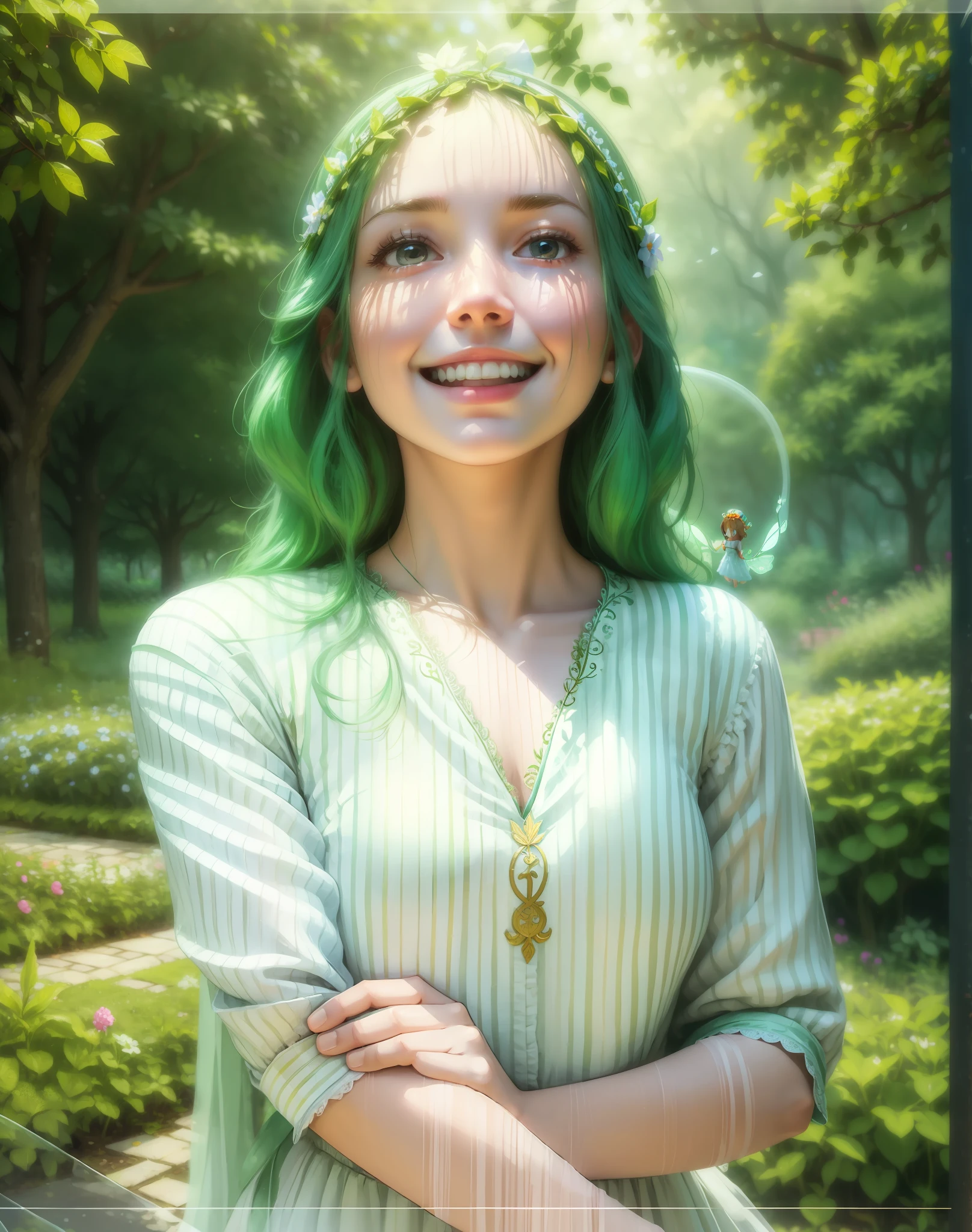 The fairy in the garden, swinging, wearing a garland on his head, a white dress, leaving the country all over, smiling, intelligent, colorful in the garden --auto --s2