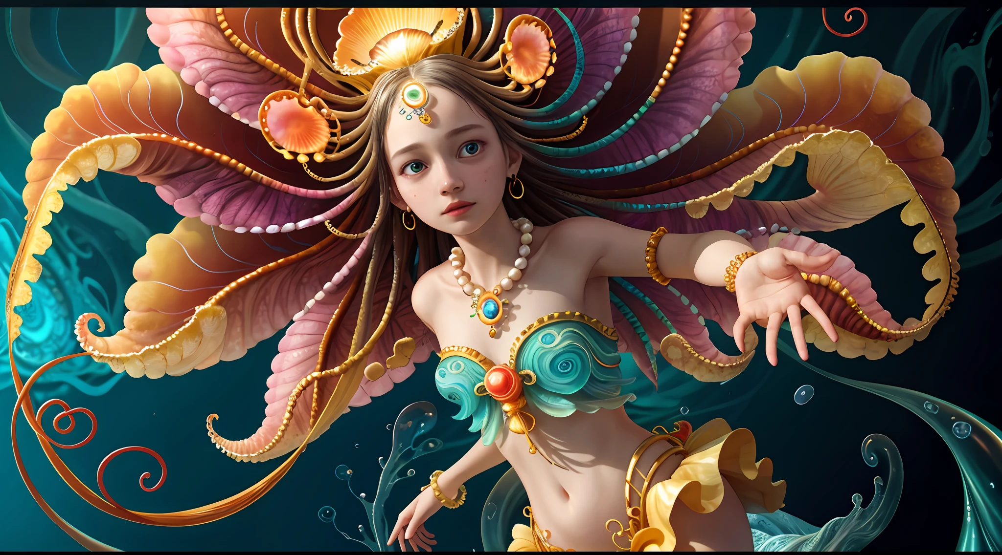 Colorful, master composition, focus on key figures, realism, masterpiece, award-winning, best quality, masterpiece, ultra-detailed, 8K, extremely detailed CG Unity 8k wallpaper, complex, highly detailed, realistic, "under water, intricate details, macro shot glowing jellyfish girl, coral, light bulb, brightness, (neutral color: 1.2), ultra-detailed, cinematic, complex background, huge ocean twisted Mandelbrot fractal shell, golden pearl nacre, hyper detail, ArtStation, Octane Renderer, (Color Acne: 1.3)",
