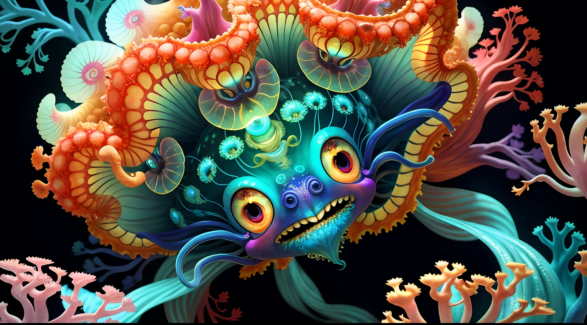 Colorful, master composition, focus on key figures, realism, masterpiece, award-winning, best quality, masterpiece, ultra-detailed, 8K, extremely detailed CG Unity 8k wallpaper, complex, highly detailed, realistic, "under water, intricate details, macro shot glowing jellyfish girl, coral, light bulb, brightness, (neutral color: 1.2), ultra-detailed, cinematic, complex background, huge ocean twisted Mandelbrot fractal shell, golden pearl nacre, hyper detail, ArtStation, Octane Renderer, (Color Acne: 1.3)",