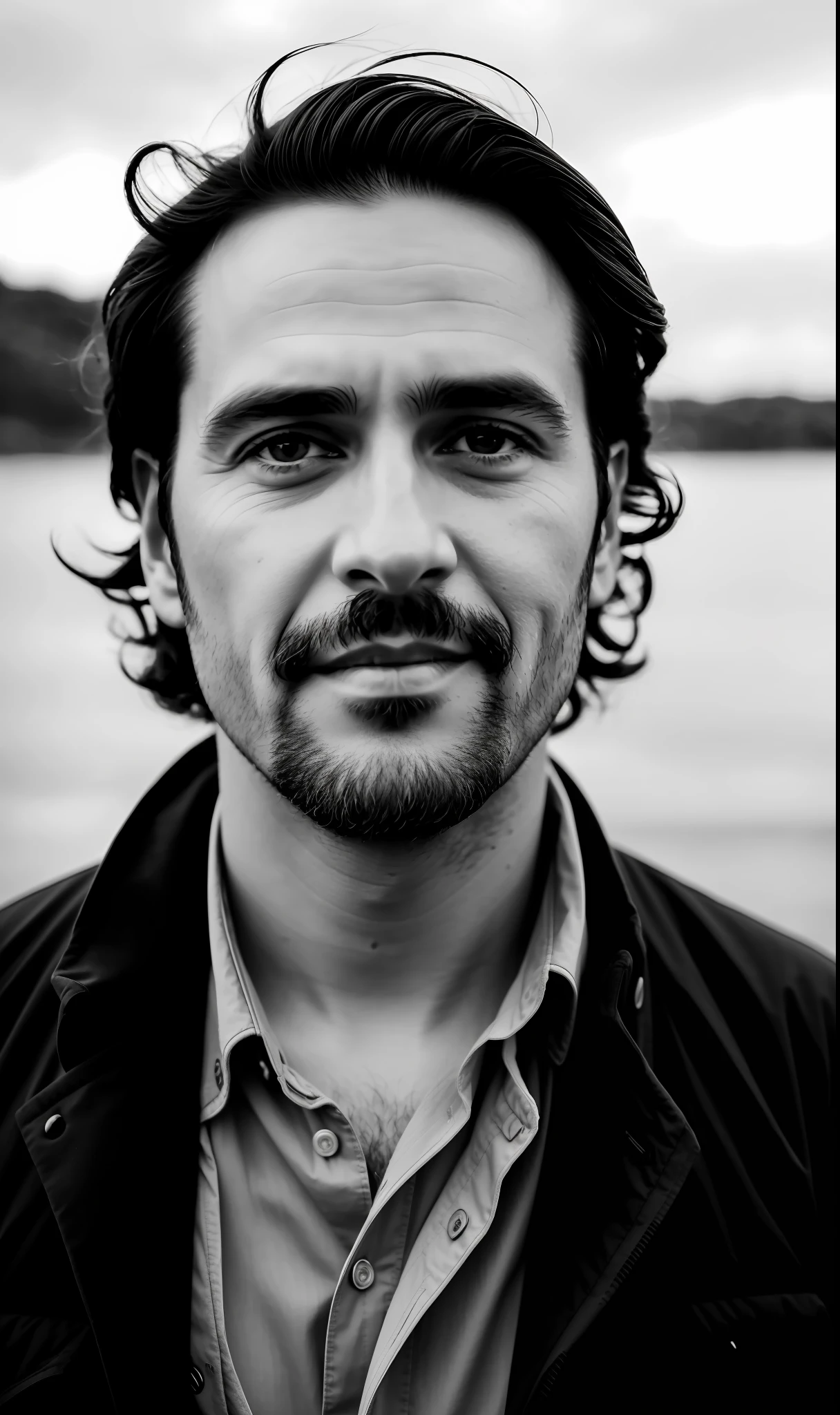 closup, black and white photo of a 42-year-old man, sparkling eyes, in black clothes, Hairy face, half body, body, highly detailed skin, skin pores, coastline, cloudy weather, wind, waves, 8k uhd, Dslr, soft lighting, high quality, film grain, Fujifilm XT3, 1080 x1920(( masterpiece