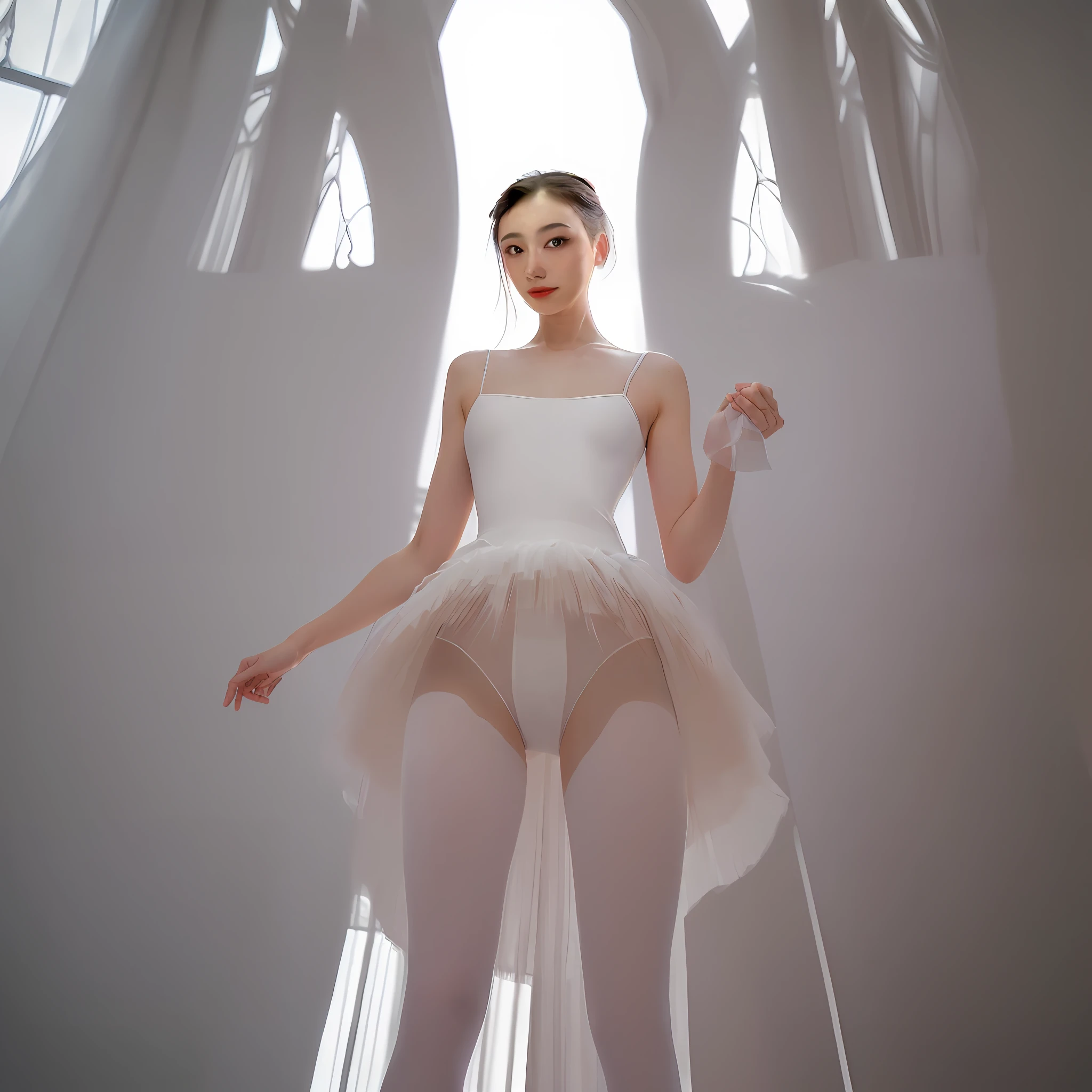 RAW photo a (portrait:1.2) of full body a (detail clothes, (Art Nouveau), realistic, slim, (small breasted), correct anatomy, beautiful body, awakened body, (ballet studio), standing, ((white tutu)), ((tutu)), ((short tutu)), (single), (elegant), looking at the audience, ((superior appearance), (standing still), pastel painting, pastel colors, Soft light, fluffy, camel toe, from below) in the city, (high detail skin: 1.2), 8k uhd, dslr, soft light, high quality