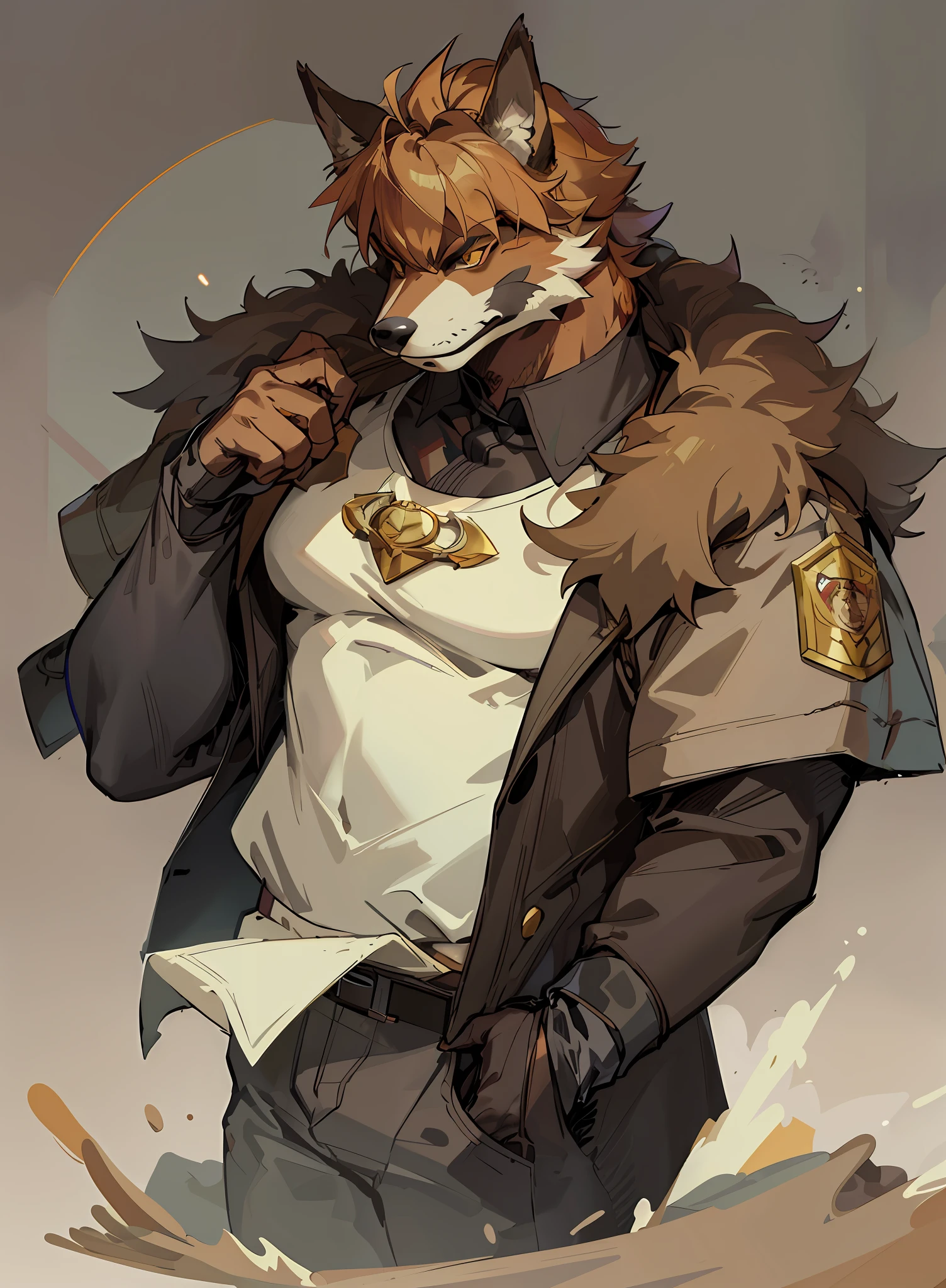 there is a man in a jacket and a fox mask, anthropomorphic wolf male, furry character portrait, fox mccloud, commission for high res, furry character, detailed anime character art, an anthropomorphic cyberpunk fox, fursona wearing stylish clothes, furry chest, official character art, anthropomorphic wolf, anthropomorphic coyote male