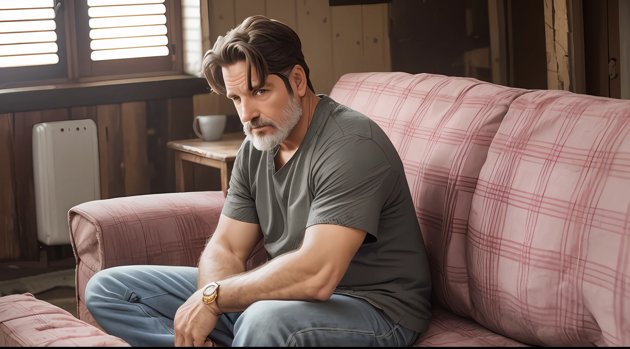 A 43-year-old man, sitting on a couch, 90's clothes, interior background of an old house