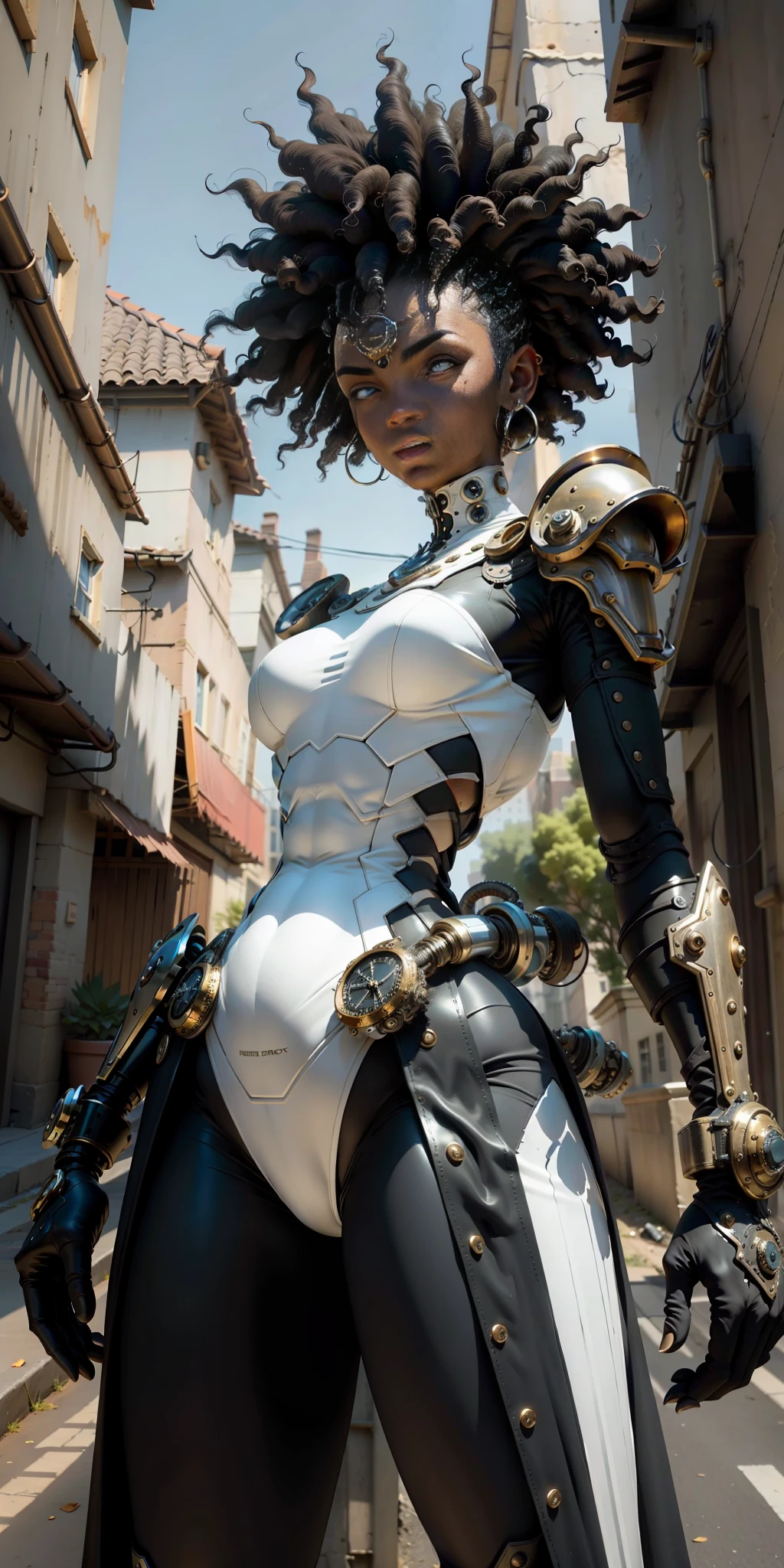 masterpiece, best quality, a dark-skinned black woman with a transparent fabric, on a deserted street at night, asymmetrical afro haircut, showing belly, slight smile, (steampunk style), ultra insane hiring, extreme intricate details, dental gap, round ass HDR, natural lighting, volumetric shading, dynamic pose, hyper-realistic, realistic lighting, dramatic shadows, rigid focus, high contrast, dramatic shadows of dramatic perspective