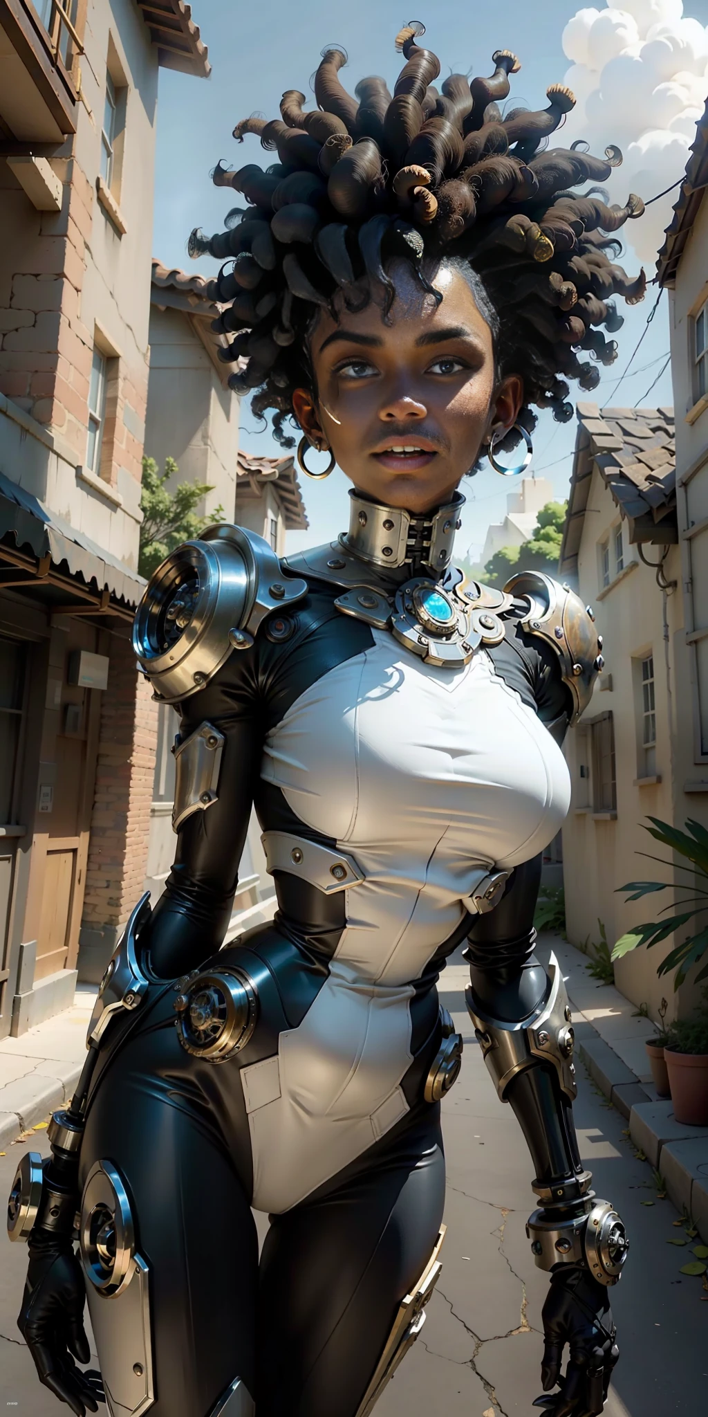 masterpiece, best quality, a dark-skinned black woman with a transparent fabric, on a deserted street at night, asymmetrical afro haircut, showing belly, slight smile, (steampunk style), ultra insane hiring, extreme intricate details, dental gap, round ass HDR, natural lighting, volumetric shading, dynamic pose, hyper-realistic, realistic lighting, dramatic shadows, rigid focus, high contrast, dramatic shadows of dramatic perspective