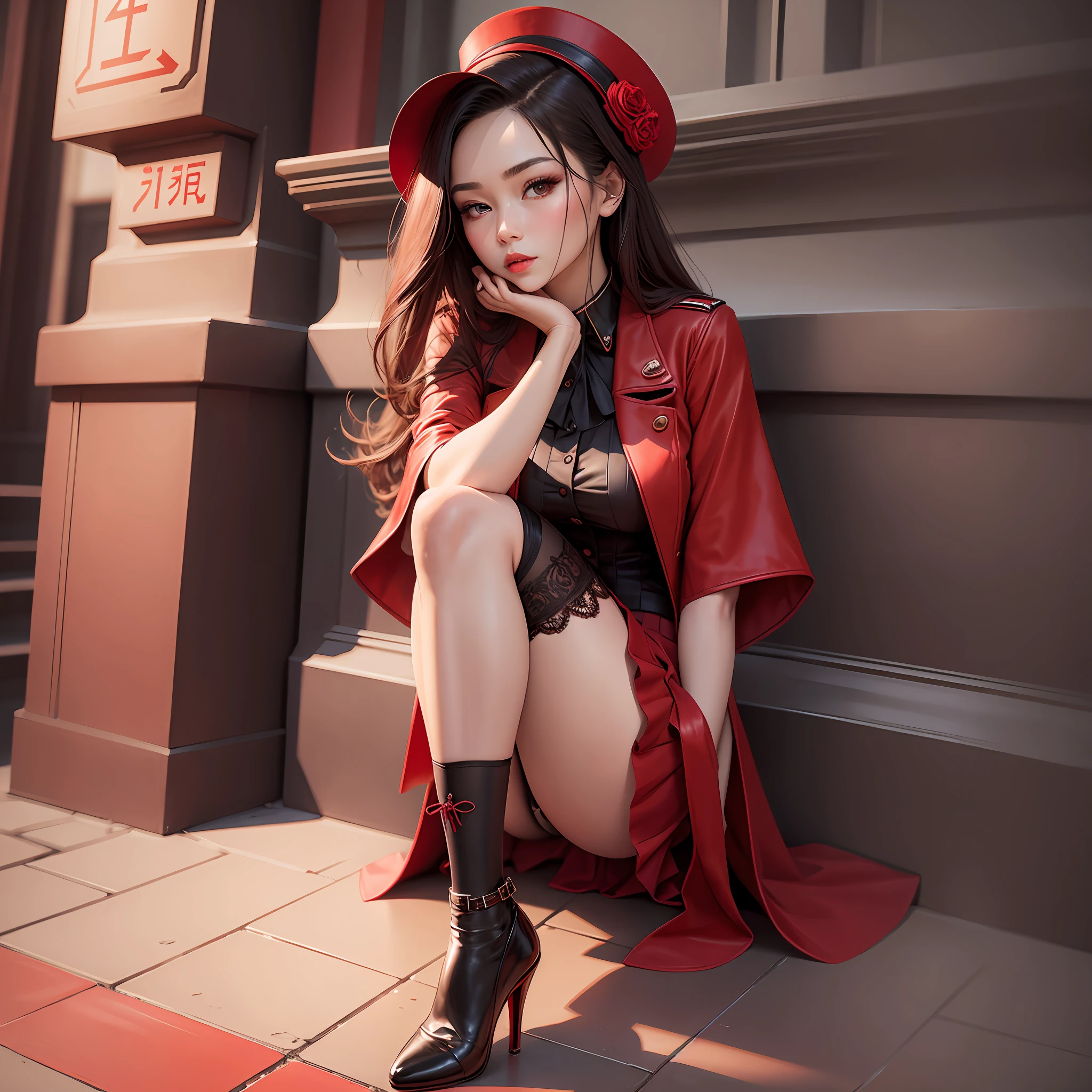Wear red stockings, red skirt, flushed complexion, high heels Look at the camera --auto --s2