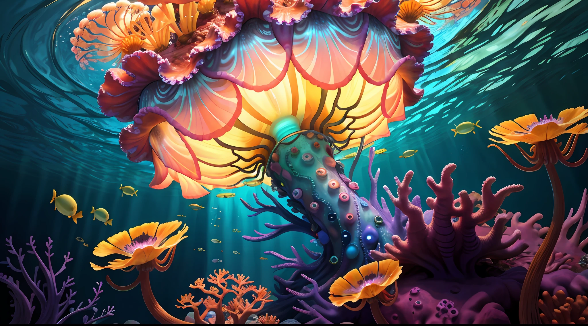 Colorful, master composition, focus on key figures, realism, masterpiece, award-winning, best quality, masterpiece, ultra-detailed, 8K, extremely detailed CG Unity 8k wallpaper, complex, highly detailed, realistic, "under water, intricate details, macro shot glowing jellyfish girl, coral, light bulb, brightness, (neutral color: 1.2), ultra-detailed, cinematic, complex background, huge ocean twisted Mandelbrot fractal shell, golden pearl nacre, hyper detail, ArtStation, Octane Renderer, (Color Acne: 1.3)",