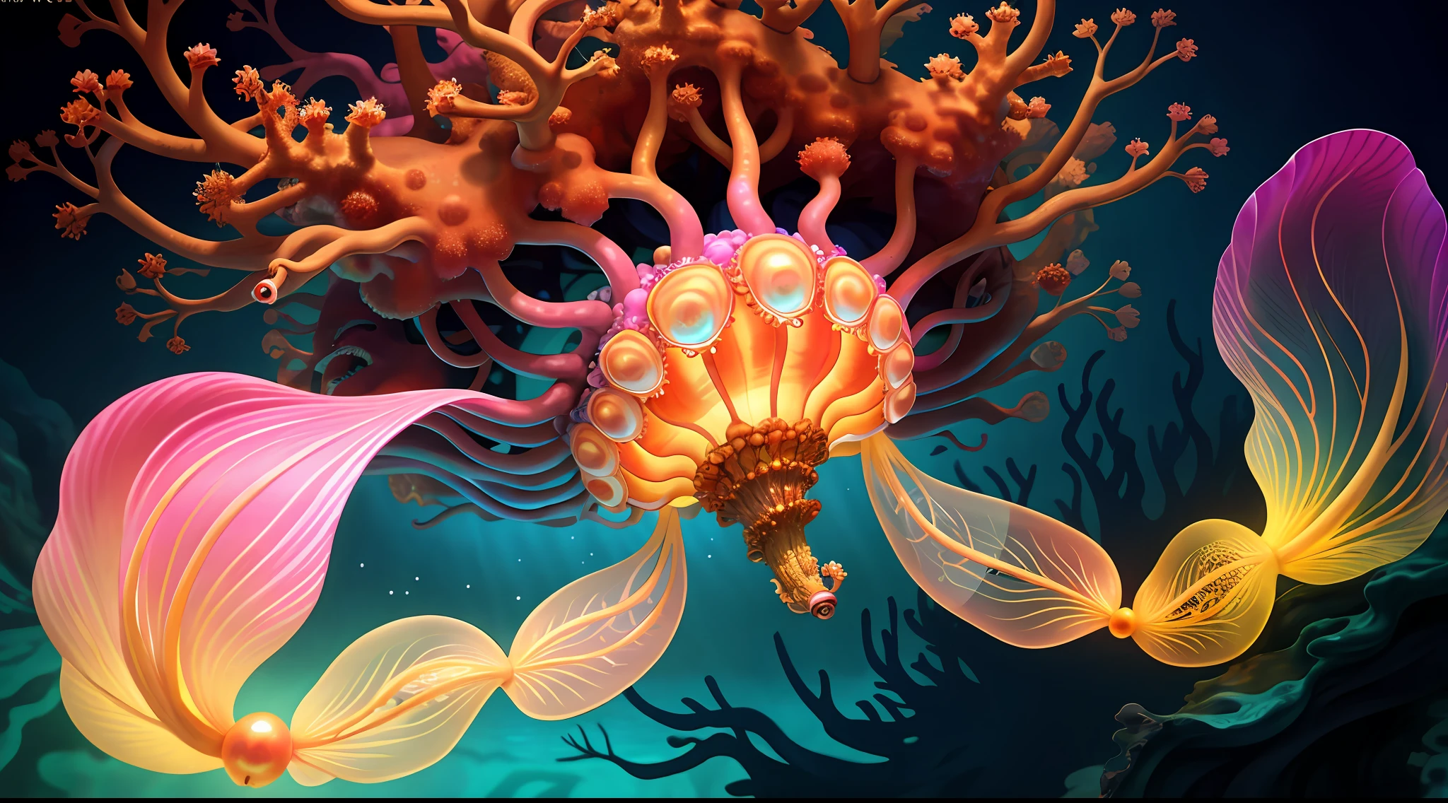 Colorful, master composition, focus on key figures, realism, masterpiece, award-winning, best quality, masterpiece, ultra-detailed, 8K, extremely detailed CG Unity 8k wallpaper, complex, highly detailed, realistic, "under water, intricate details, macro shot glowing jellyfish girl, coral, light bulb, brightness, (neutral color: 1.2), ultra-detailed, cinematic, complex background, huge ocean twisted Mandelbrot fractal shell, golden pearl nacre, hyper detail, ArtStation, Octane Renderer, (Color Acne: 1.3)",