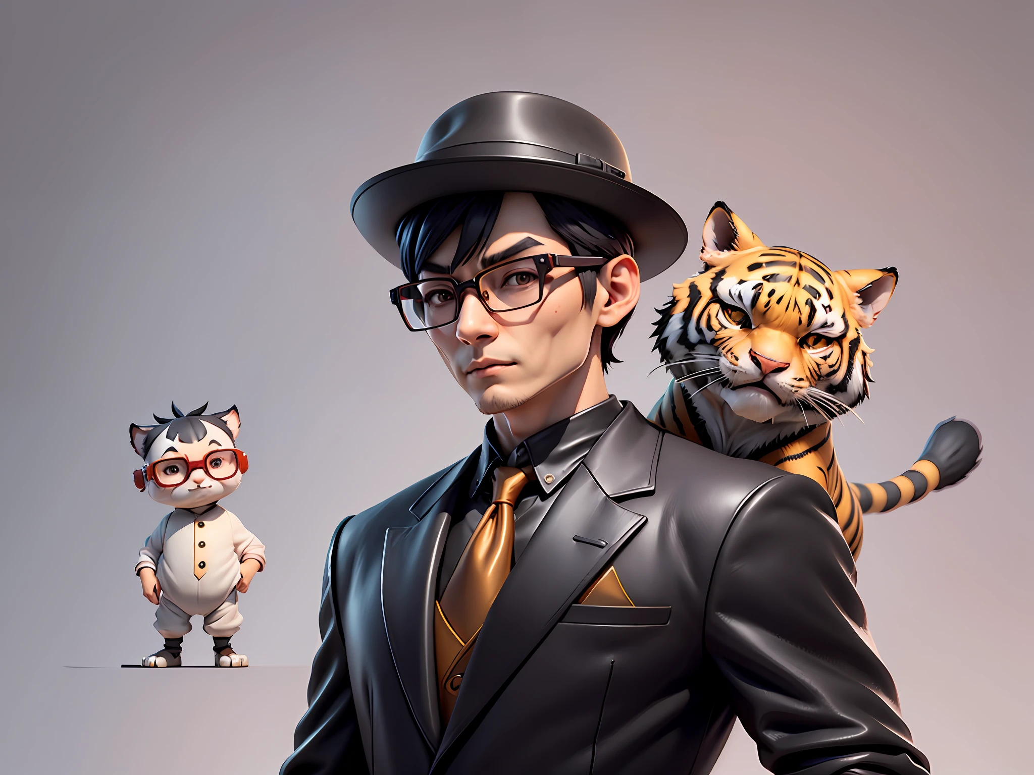 Young man with oriental face in leather hat, tiger, oriental face in formal suit, short black hair, silver glasses, digital painting, 3D character design by Mark Clairedon and Pixar and Hayao Miyazaki and Akira Toriyama, the illustration is a high-definition illustration in 4K resolution with very detailed facial features and cartoon-style visuals.