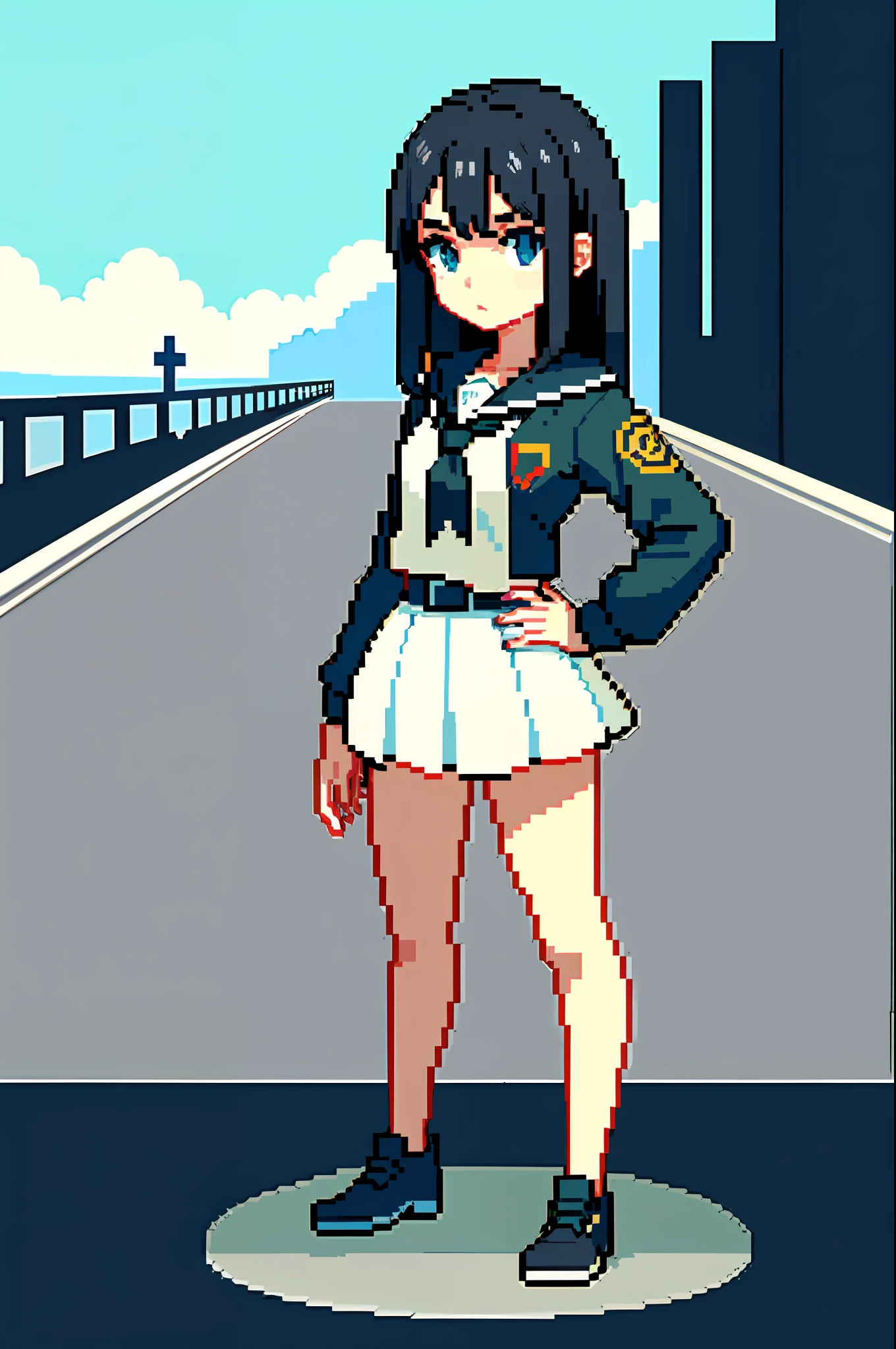 (Masterpiece, Top Quality, Best Quality), Pixel, Pixel Art, 1Girl, Cross the Road, Student, Full Body,