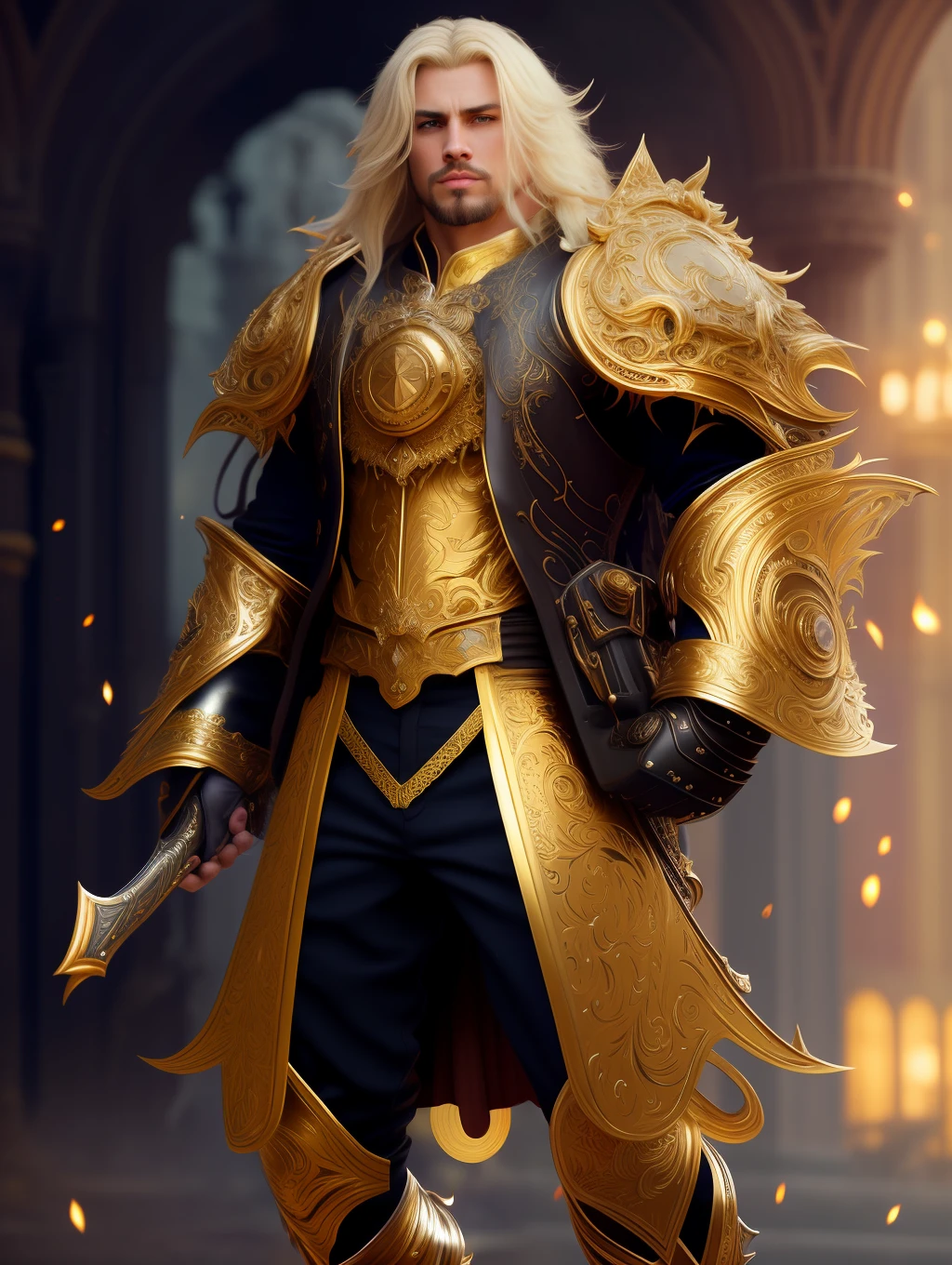 full body wide shot, handsome fitted man, extremely handsome face, short messy windy blonde hair, warrior wearing heavy golden body armor insanely detailed and intricate , hypermaximalist, elegant, ornate, hyper realistic, super detailed, cinematic light, dark fantasy, ConceptArtWorld, apocalyptic,grouchy, masterpiece, (highly detailed environment:1.3), low angle shot, dynamically extreme action poses