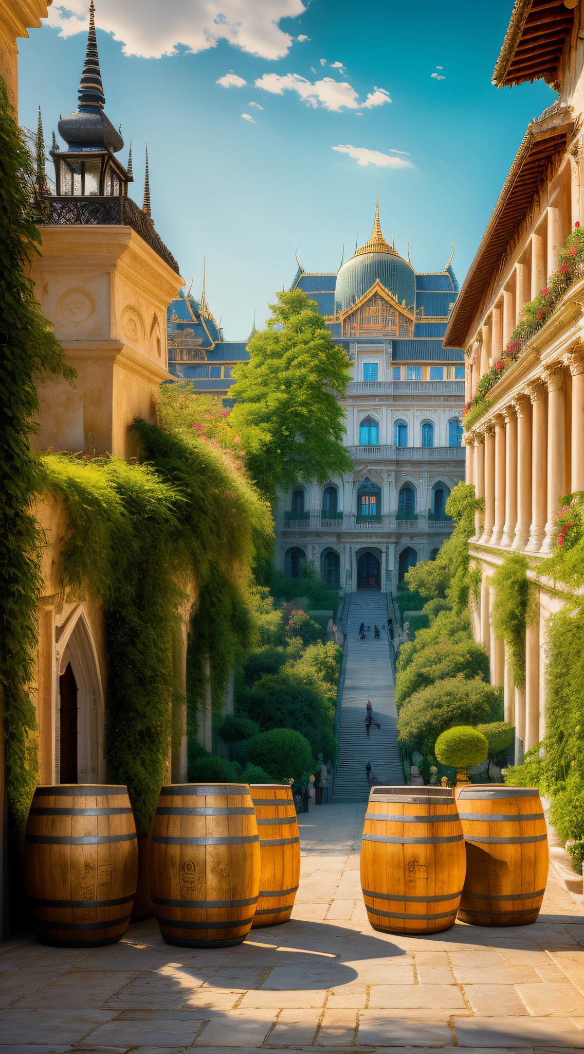 (masterpiece, 8K, UHD, oil painting, realistic style:1.3 by Greg Rutkowski), wooden barrels of whiskey delivered to the grand palace of Queen Elizabeth I, majestic and awe-inspiring, detailed architecture, stately pillars, intricate carvings, lush gardens, (16th-century:1.2), warm afternoon light, stately atmosphere, vibrant colors.
