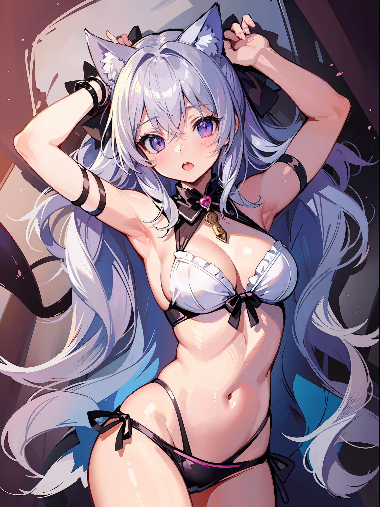(Masterpiece), (Best Quality Anime Illustration), (Super Definition), One Girl, Solo, Beautiful Girl with Silver Hair, Anime Loli, Cat Ears Loli, Sexy Swimsuit, Bold Pose, Beach