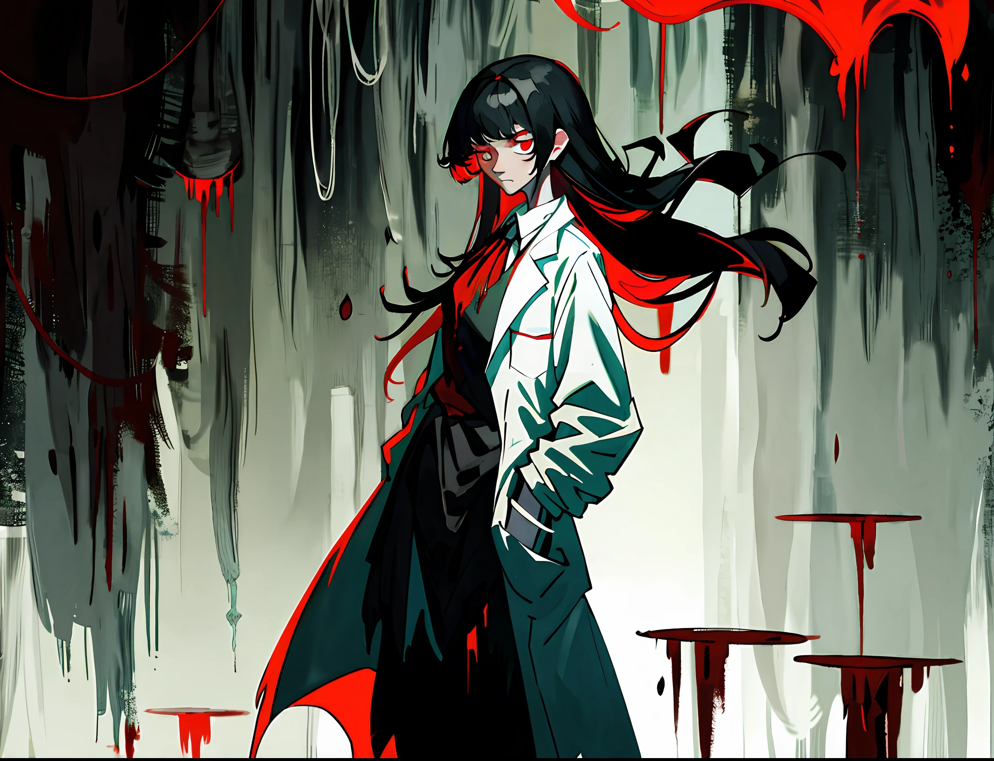 Red eyes, black hair, bangs, cold eyes, lab coat, side, long straight hair, fear, dark room, splashed blood, human tissue, experiment, murderer, standing painting, cold eyes, jumping, dress, garden