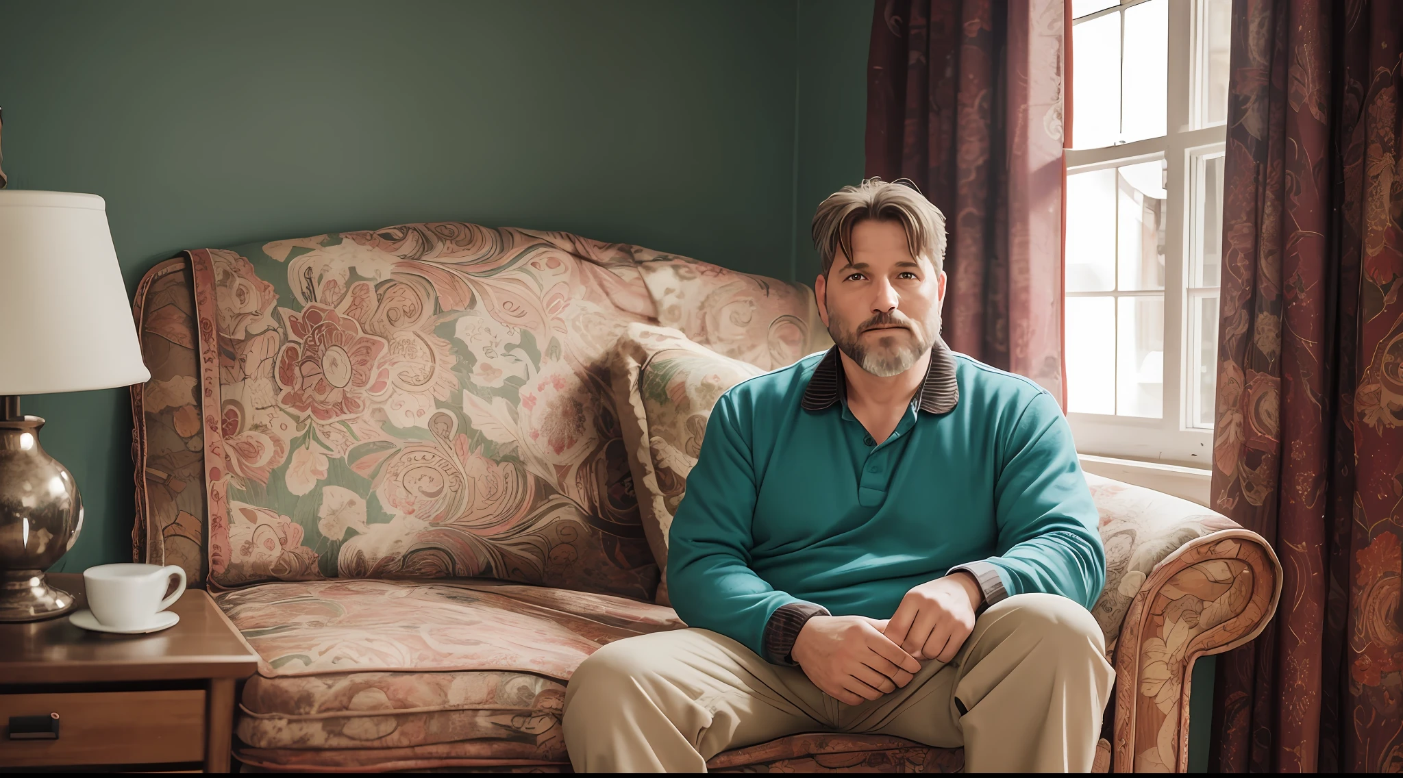 A 43-year-old man, sitting on a couch, 90's clothes, interior background of an old house