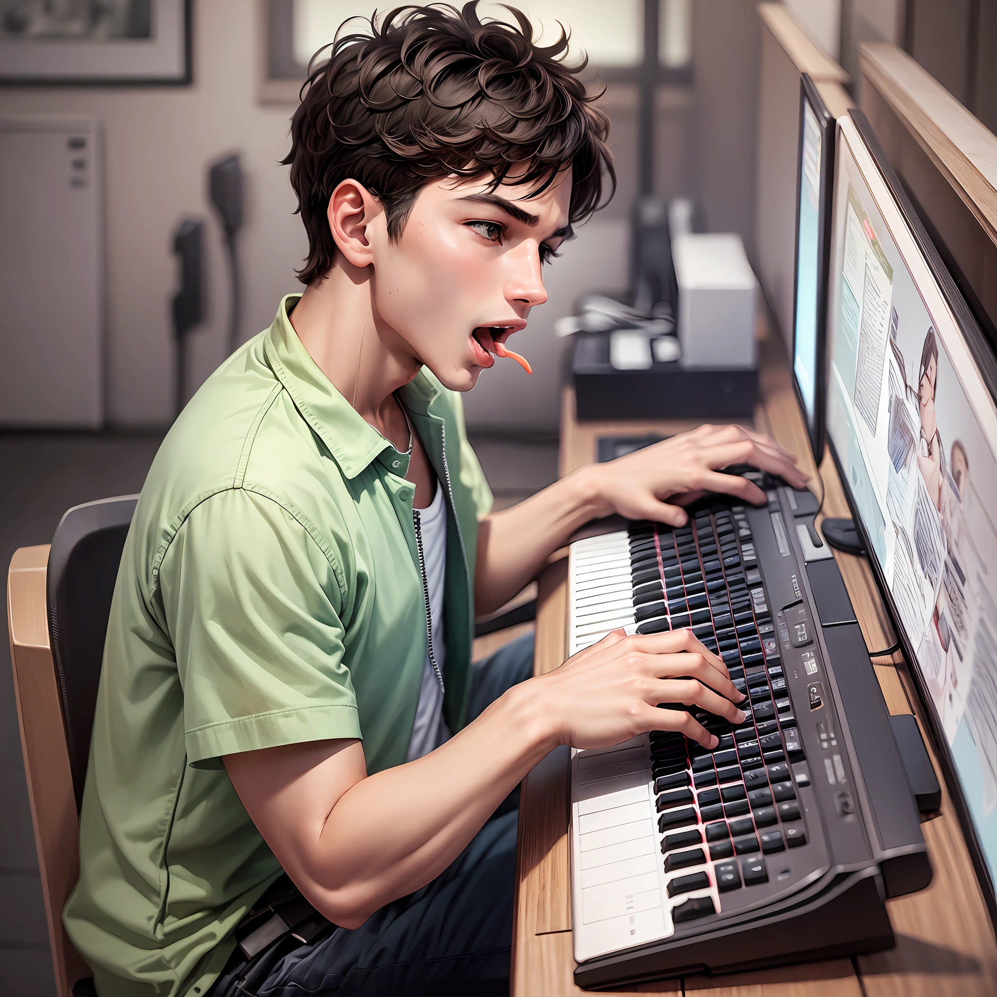 The young man hits the keyboard with his mouth wide open and looks at the screen --auto --s2
