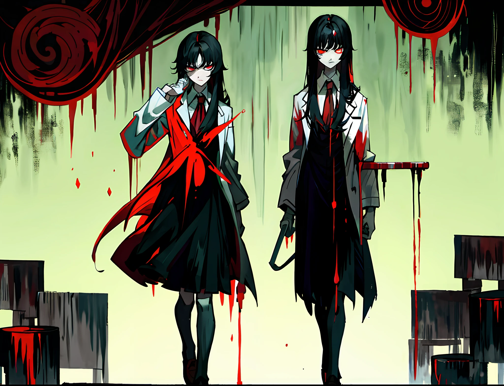 Red eyes, black hair, bangs, cold eyes, lab coat, side, long straight hair, fear, dark room, splashed blood, human tissue, experiment, murderer, standing painting, cold eyes, jumping, dress, garden