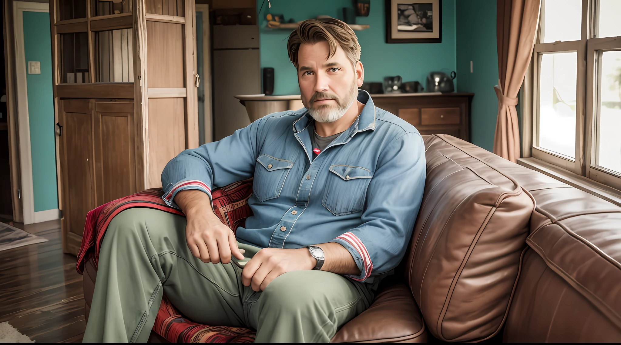 A 43-year-old man, sitting on a couch, 90's clothes, interior background of an old house