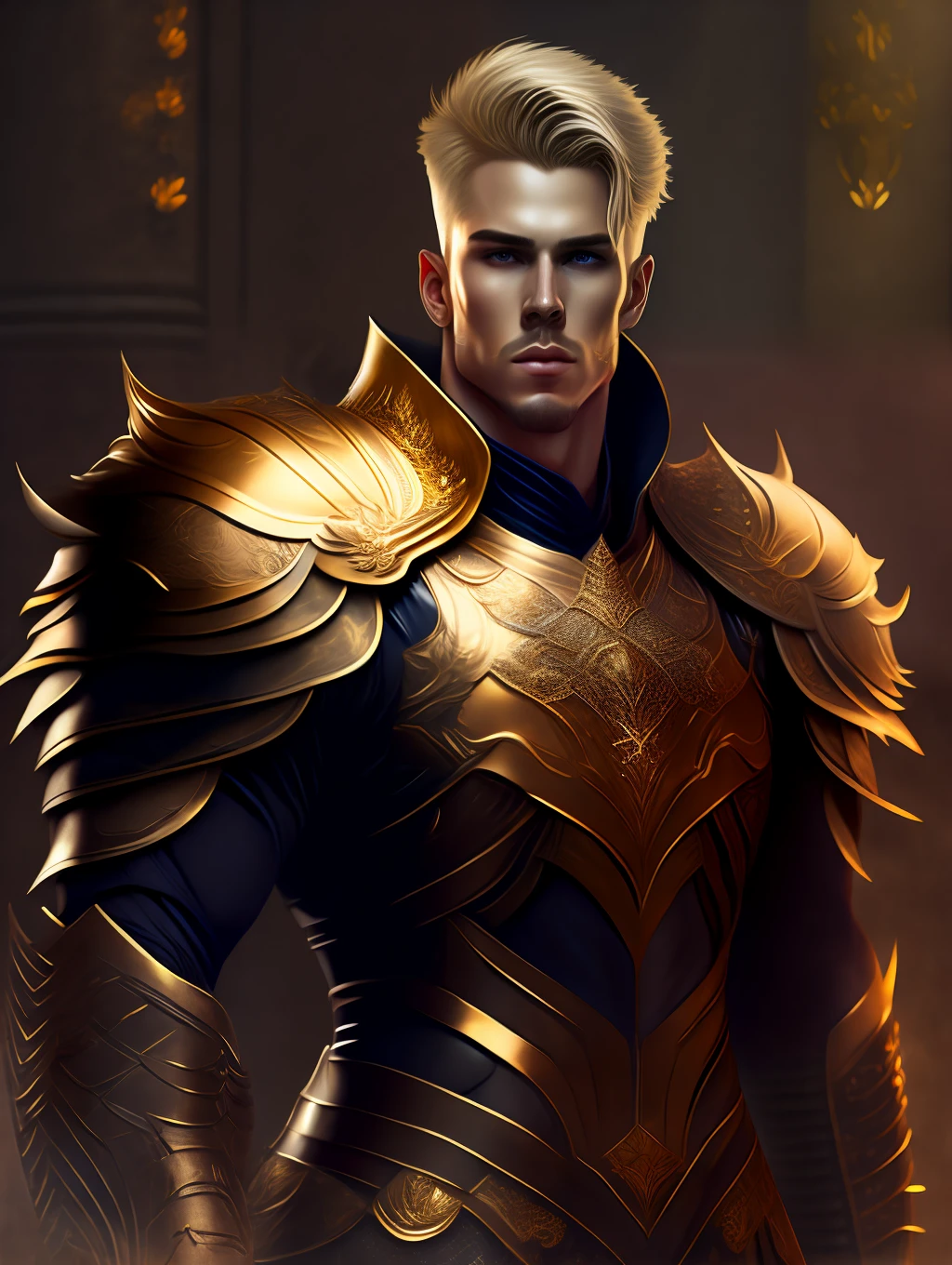 full body wide shot, handsome fitted man, extremely handsome face, short messy blonde hair, warrior wearing heavy golden body armor insanely detailed and intricate , hypermaximalist, elegant, ornate, hyper realistic, super detailed, cinematic light, dark fantasy, ConceptArtWorld, apocalyptic,grouchy, masterpiece, (highly detailed environment:1.3), low angle shot, dynamically extreme action poses