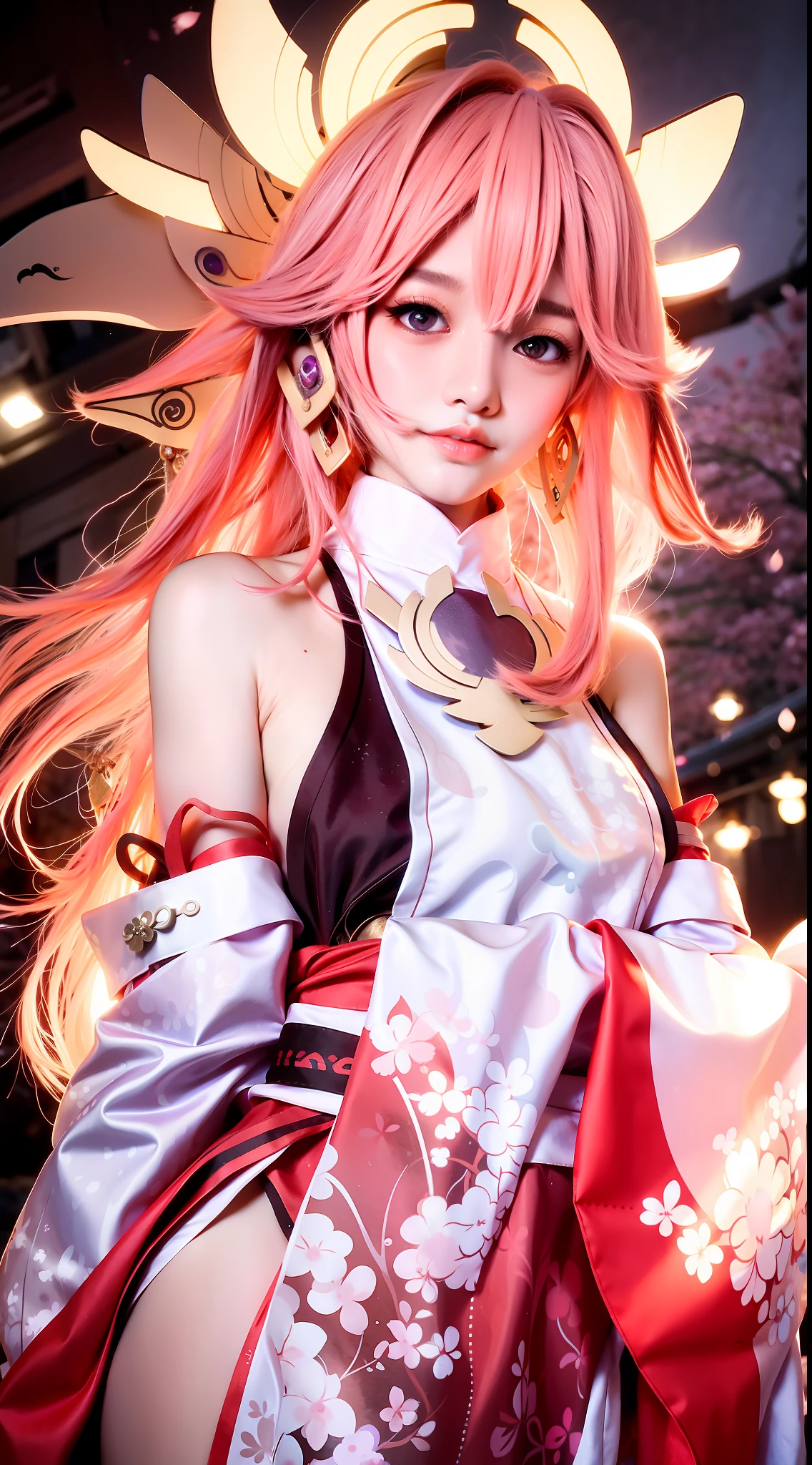 1girl, (ulzzang-6500:0.7), kpop idol, yae miko, detached sleeves, bare shoulders, pink hair, long hair,(naked) , best quality, (painting:1.5), (hair ornament:1.35), skinny, intense,thigh gap, heavy breathing, trembling, steaming body, juice, sweat, rib,jewelry, purple eyes, earrings, breasts, torii, cherry blossoms, lantern light, depth of field, detailed face, face focus, ribbon_trim, (looking at viewer:1.25), nontraditional miko, shiny skin, long sleeves, smile, thick lips, game cg, east asian architecture, (blurry background:1.2), upper body,