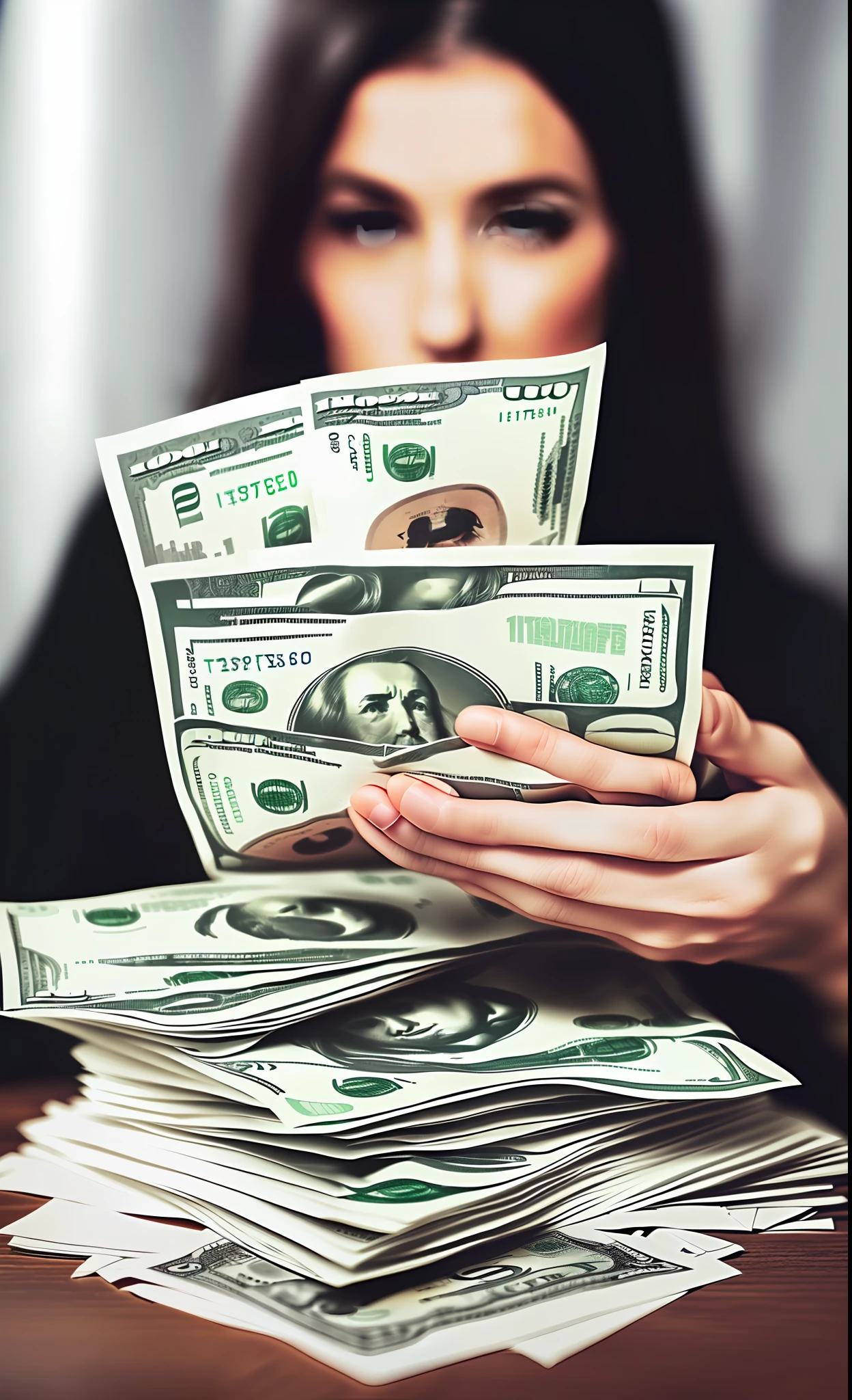 There is a woman looking at stack of notes in front of her,photographic illustration, dollar bills, money, rendering, digital art. Realistic photo, made of money, focus on money