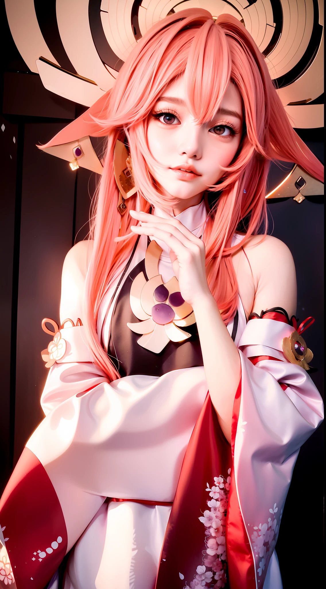 1girl, (ulzzang-6500:0.7), kpop idol, yae miko, detached sleeves, bare shoulders, pink hair, long hair,(naked) , best quality, (painting:1.5), (hair ornament:1.35), skinny,  intense,thigh gap, heavy breathing, trembling, steaming body, juice, sweat, rib,jewelry, purple eyes, earrings, breasts, torii, cherry blossoms, lantern light, depth of field, detailed face, face focus, ribbon_trim, (looking at viewer:1.25), nontraditional miko, shiny skin, long sleeves, smile, thick lips, game cg, east asian architecture, (blurry background:1.2), upper body,